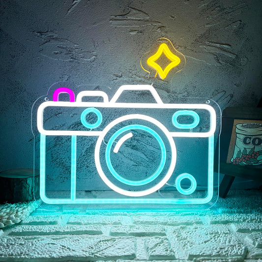 Camera Neon Sign Dimmable LED Light Up Wall Decor Multi-Color Retro Photography Studio Art Vintage Vlogger Background Accessory for Bedroom, Gaming Room, Store Photographer Gifts(13.3 * 12.2in)