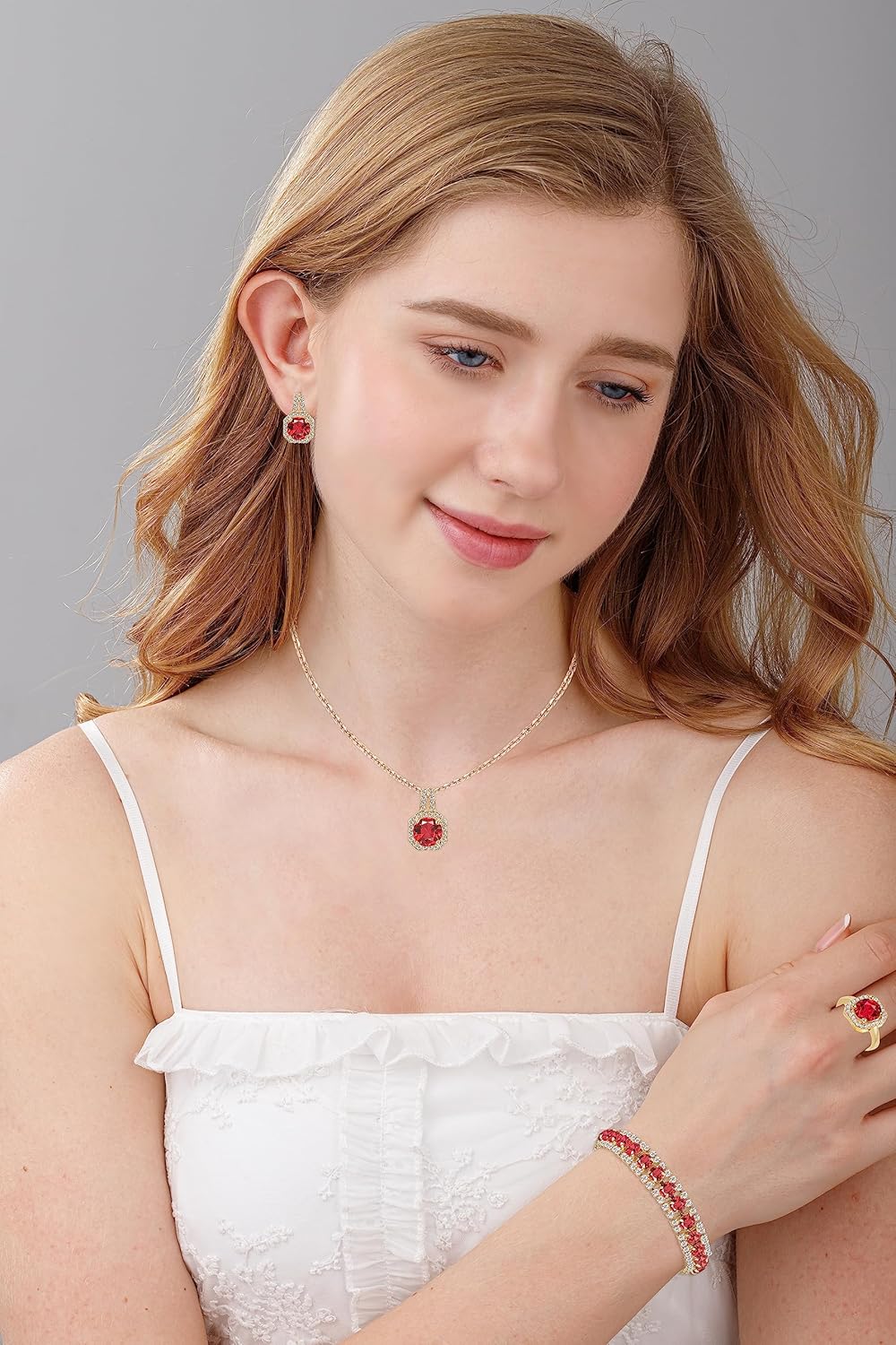 4pcs Cubic Zirconia Wedding Jewelry Sets for Bride Bridesmaid Cubic Zirconia Pendant Necklace Earrings Link Tennis Bracelet Open Ring Set for Women