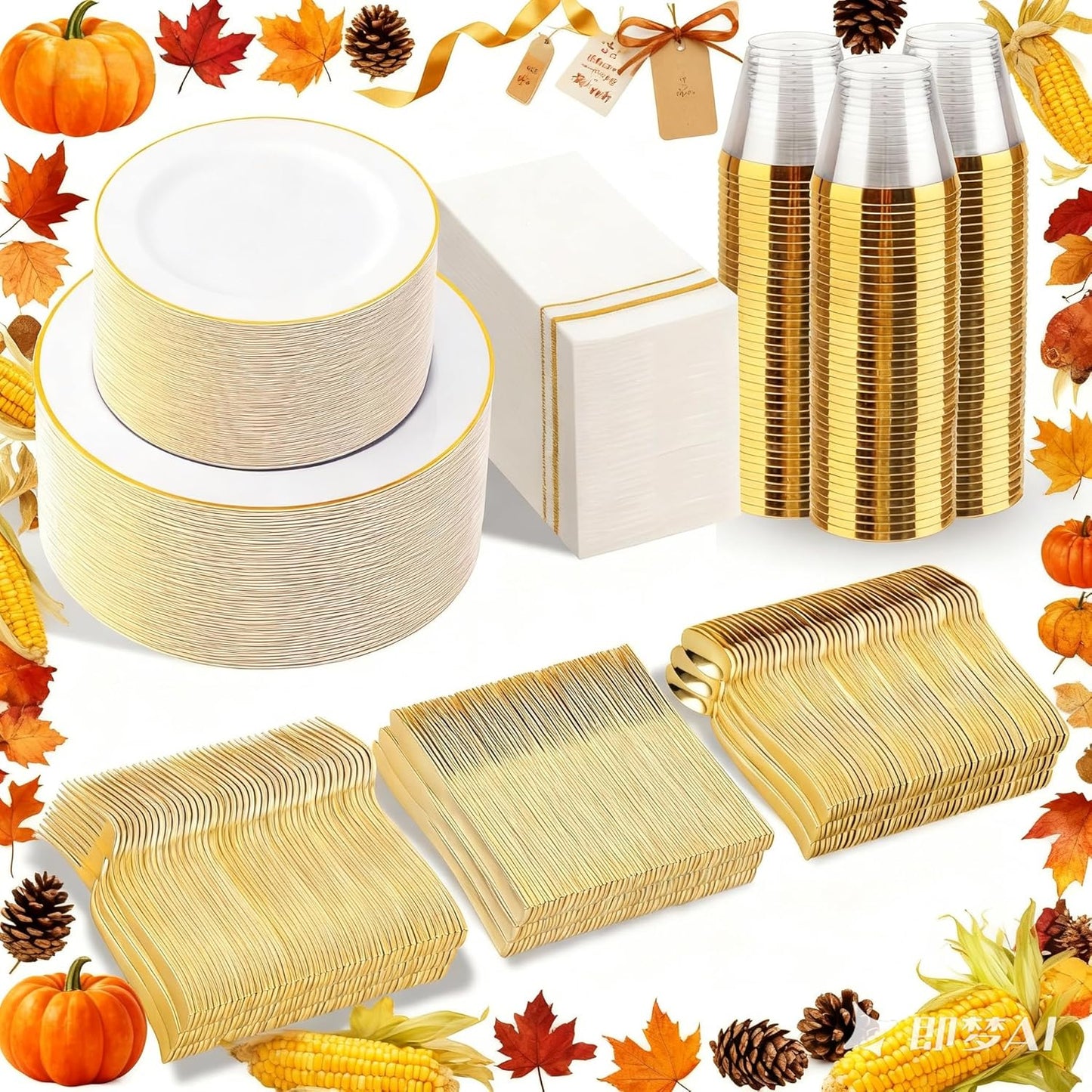 SUT 350 PCS Elegant White and Gold Disposable Dinnerware Set - Premium Dinner & Salad Plates, Cups, Napkins & Cutlery for 50 Guests - All-Inclusive Party Plastic Plates