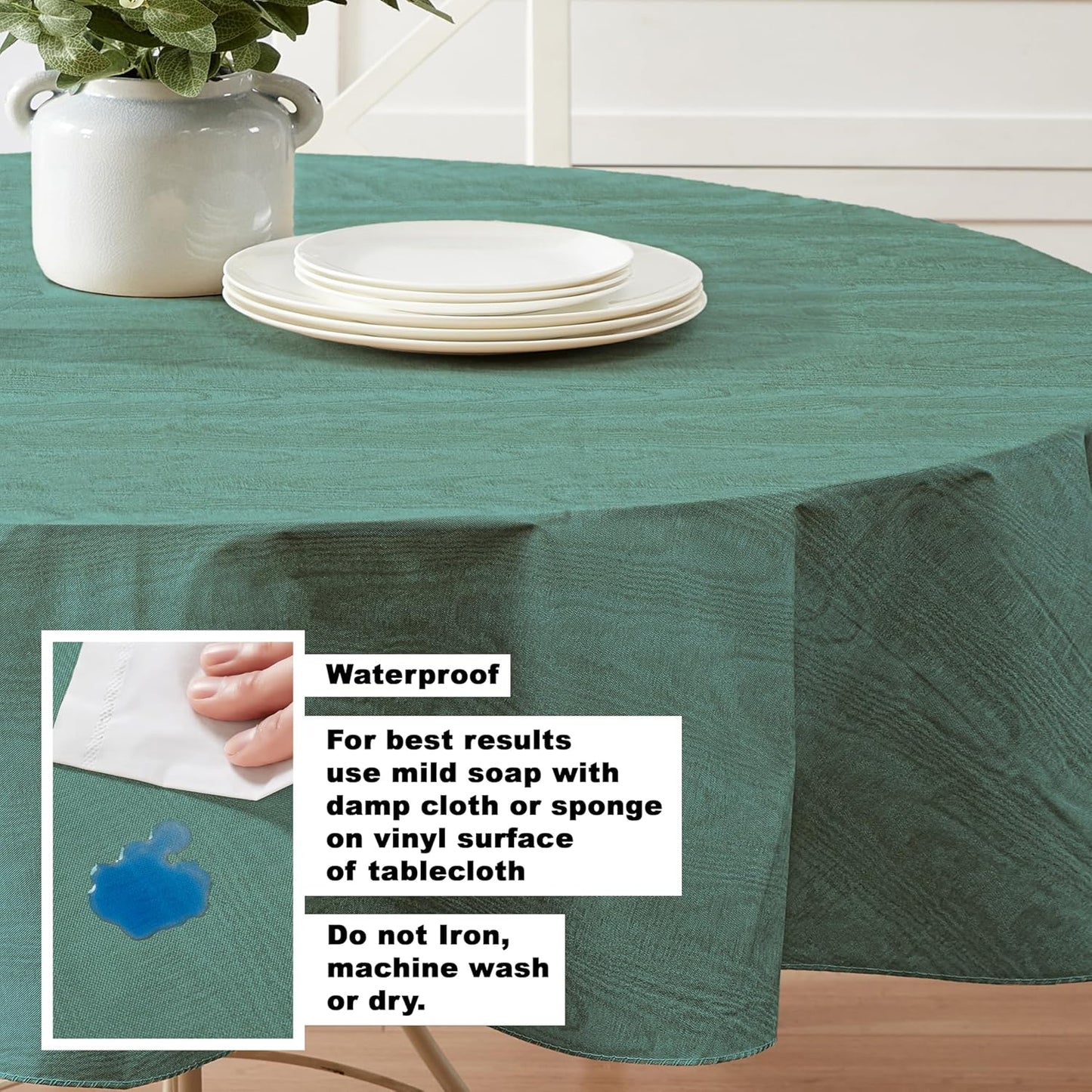 Newbridge Vinyl Flannel Backed Tablecloth, 60 x 84 Inch Oval, Hunter Green Moire Wavy Solid Design, Heavyweight Indoor Outdoor Waterproof Table Cover, Easy Care Wipe Clean