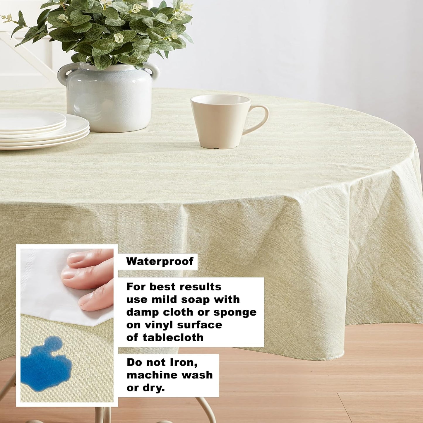 Newbridge Vinyl Flannel Backed Tablecloth, 60 x 84 Inch Oval, Beige Moire Wavy Solid Design, Heavyweight Indoor Outdoor Waterproof Table Cover, Easy Care Wipe Clean