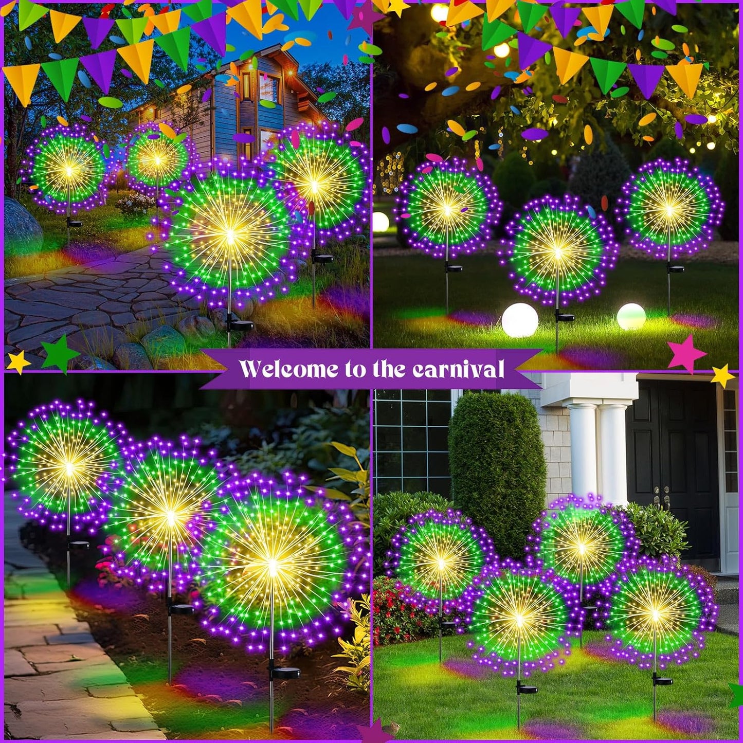 4 Pack Christmas Solar Firework Lights Decorations Garden Pathway Solar Power Light Stake Waterproof Landscape Lamp with 180 LED 8 Modes for Christmas Party Decoration(Green, Yellow, Purple)