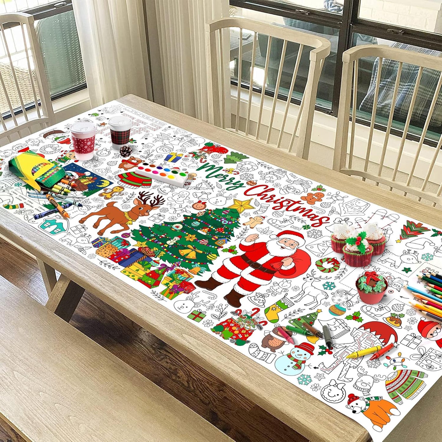 Christmas Giant Coloring Tablecloth for Kids, Large 30x72 Inch Poster with Santa, Christmas Tree, Reindeer, Perfect for Party Games, Classroom Decorations, Arts Crafts, Winter Activities