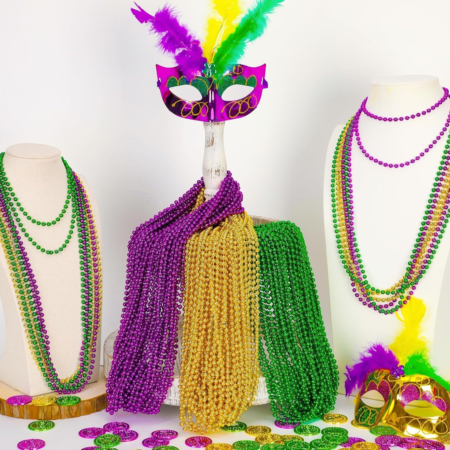 12PCS Mardi Gras Beads, Green Purple Gold Mardi Gras Metallic Costumes Necklaces Bulk, Mardi Gras Beads Necklace Costumes Accessory Sets for Parade Throws Party Decorations Favor Supplies
