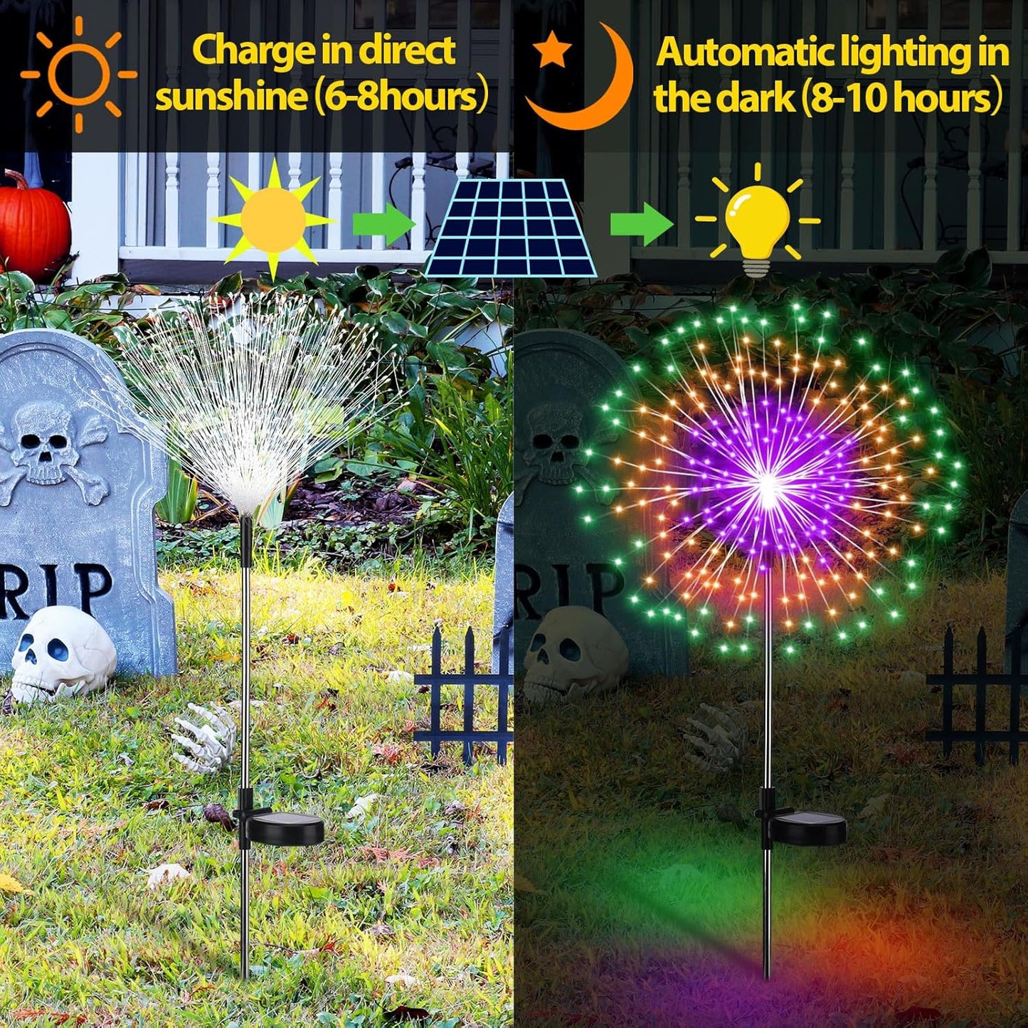 4 Pack Christmas Solar Firework Lights Decorations Garden Pathway Solar Power Light Stake Waterproof Landscape Lamp with 180 LED 8 Modes for Christmas Party Decoration(Green, Orange, Purple)