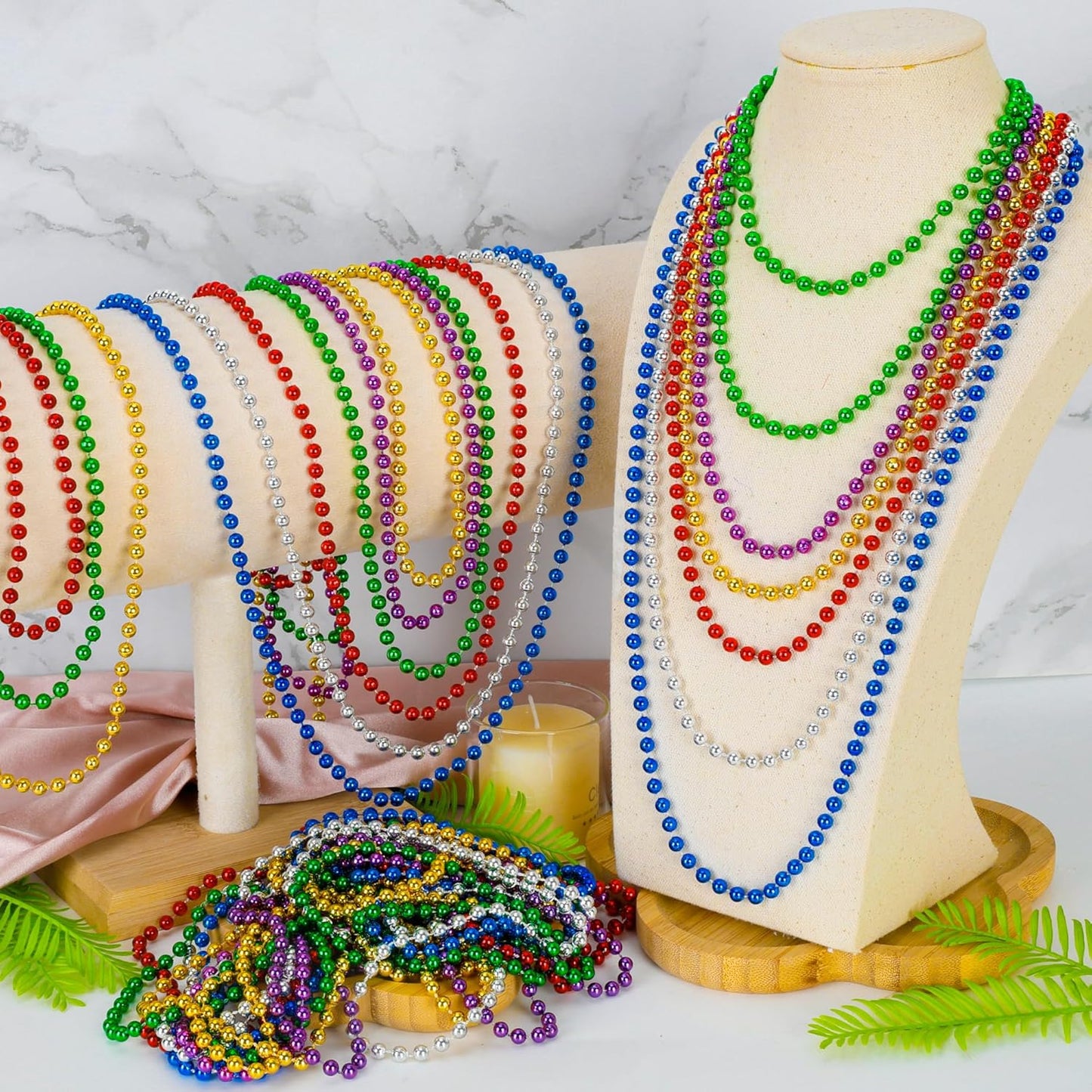 12 PCS Mardi Gras Beads Necklaces, 33" Metallic 6 Kinds Color Beaded Stuff Set, Festival Parade Throws, Colorful Assorted Carnival Costume Accessories for Christmas Parade Party Favors Decorations