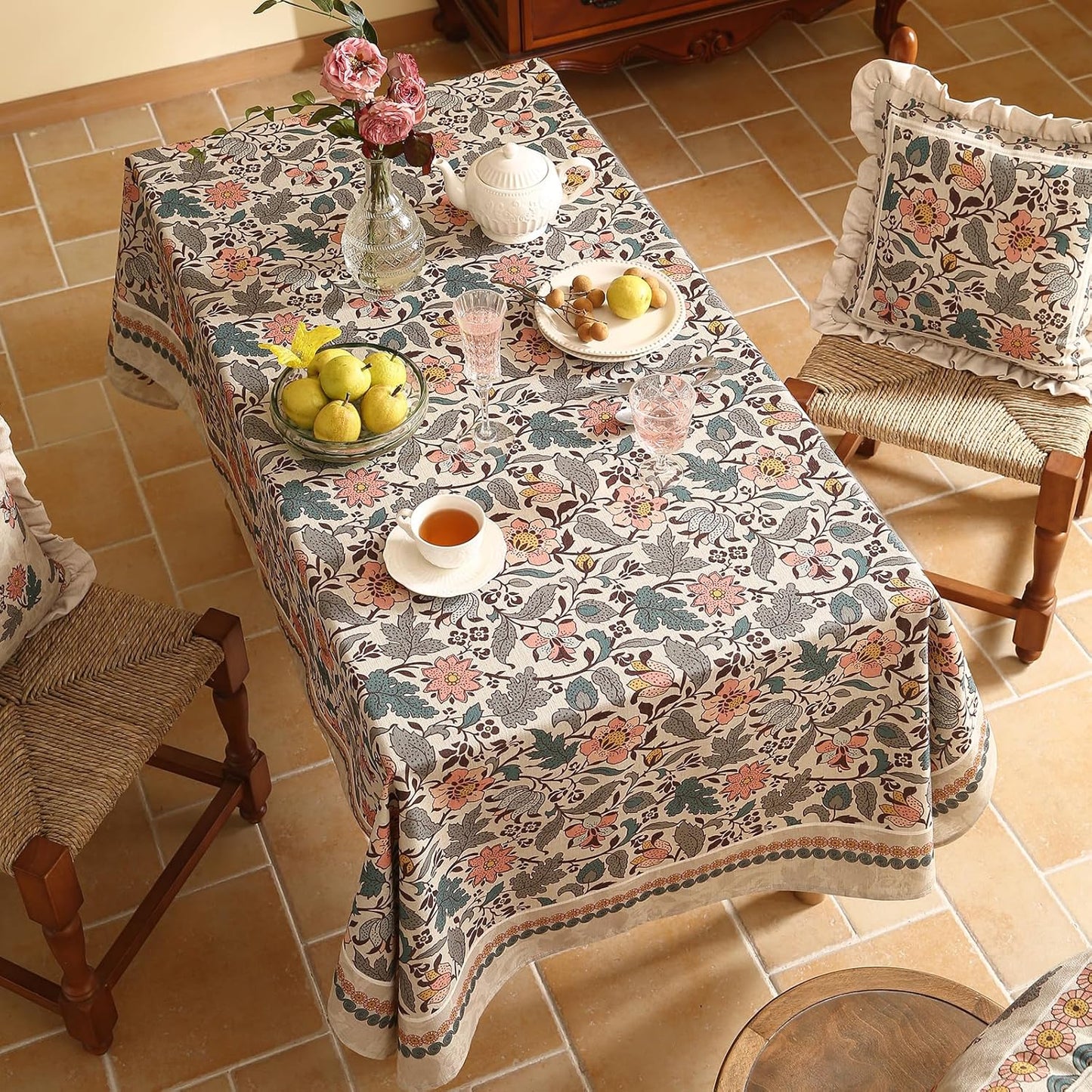 ISAENNE Designer Boho Floral Rectangular Tablecloth,Linen Lotus Flower Pattern Colorful Indoor Table Cloth,Durable Decor Tablecloths for Dining Thanksgiving Kitchen Christmas,55"*87"-Hazel A