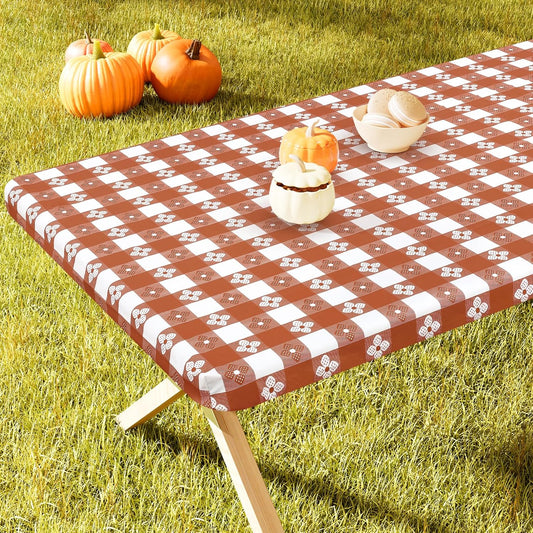 Rectangle Vinyl Table Cloth, Waterproof Elastic Fitted Tablecloth with Flannel Backing, Plastic Table Cover for Picnic, Camping, Outdoor (Rust & White, 30"x72")