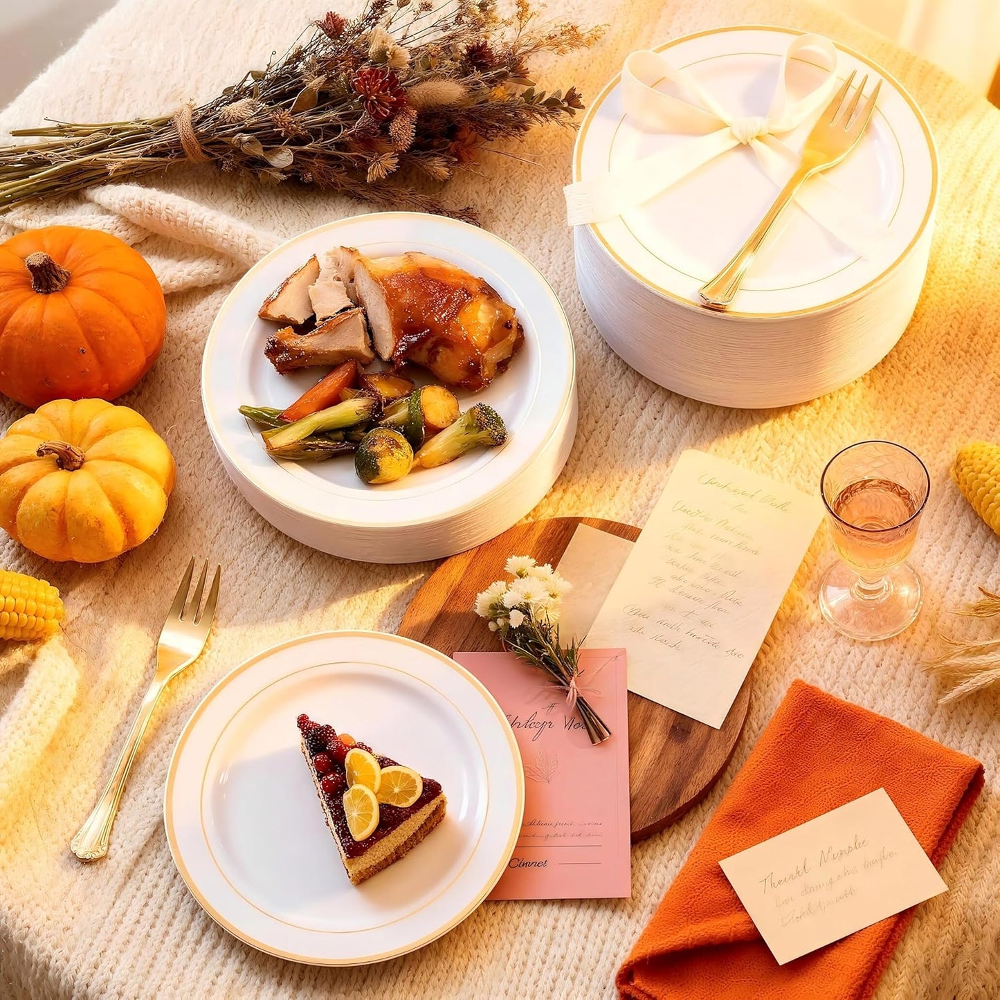 WELLIFE 120 PCS Plastic Dessert Plates and 120 PCS Forks, 6.3 inch Disposable Salad Plate, Premium White Appetizer Plates with Gold Rims Perfect for Parties, Weddings