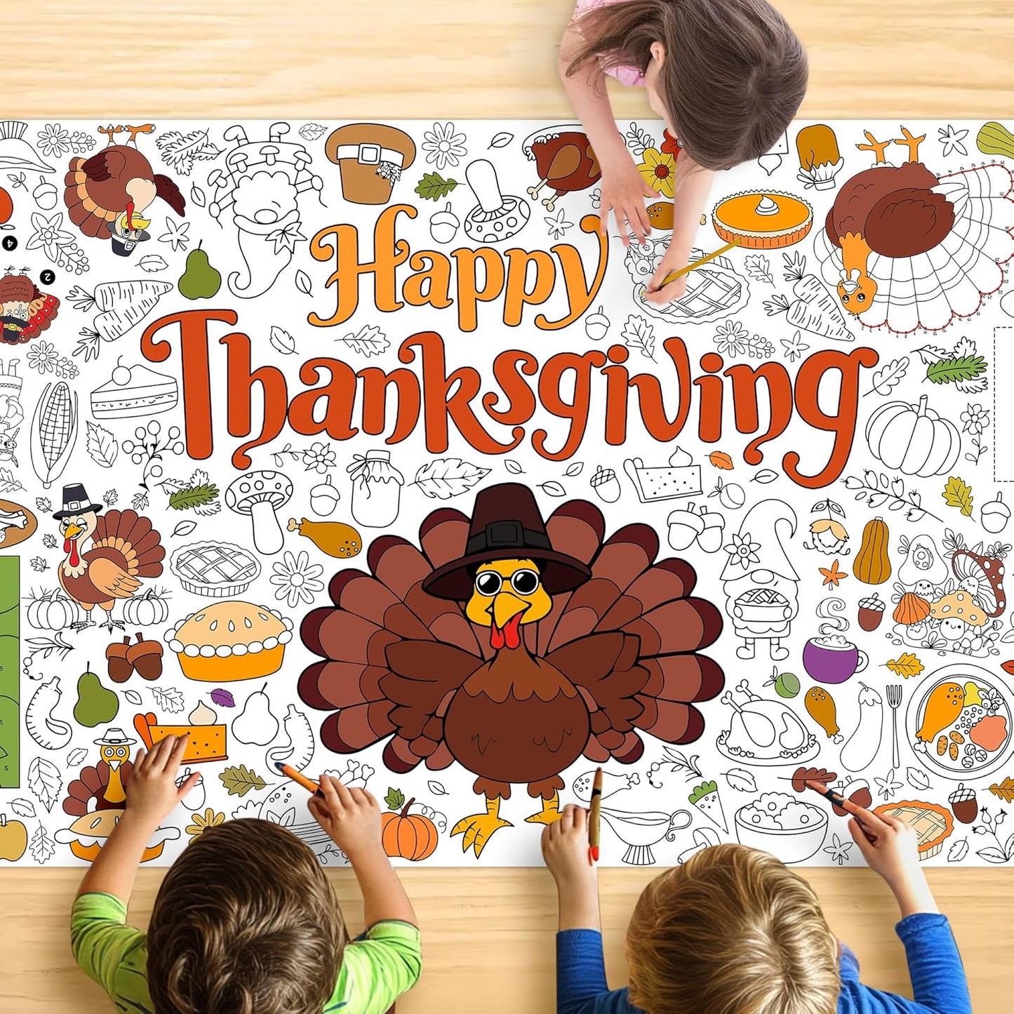 Thanksgiving Coloring Tablecloth for Kids, Giant 30x72 Inch Poster with Turkeys, Pumpkins, Harvest Symbols, Perfect for Party Games, Classroom Activities, Arts Crafts, Indoor Holiday Decor