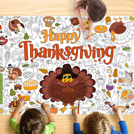 Thanksgiving Coloring Tablecloth for Kids, Giant 30x72 Inch Poster with Turkeys, Pumpkins, Harvest Symbols, Perfect for Party Games, Classroom Activities, Arts Crafts, Indoor Holiday Decor