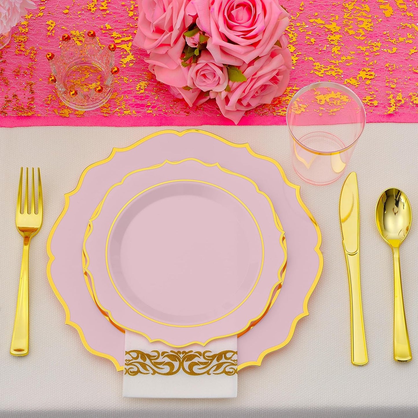 175 PCS Pink Plastic Plates for 25 Guests, Pink and Gold Disposable Dinnerware Set for Party Wedding Include 25 Dinner & 25 Dessert Plates, Spoons, Forks, Knives, Cups, 25 Napkins