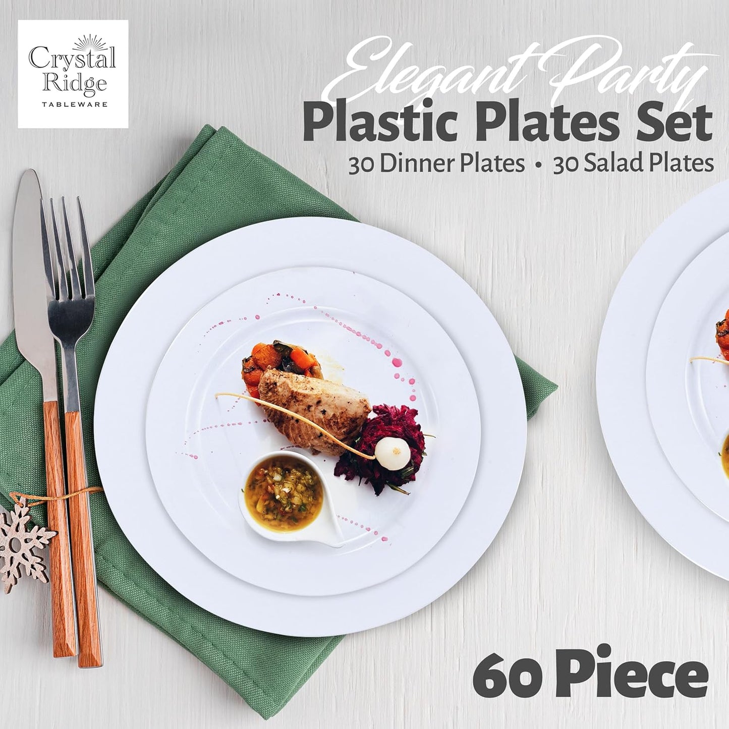 60 Pieces White Plastic Disposable Plates - Premium Heavy-Duty 30 Dinner Plates & 30 Salad Plates with White Rim Ideal for Party, Birthday and Special Events