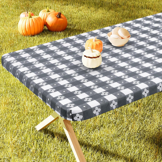 Rectangle Vinyl Table Cloth, Waterproof Elastic Fitted Tablecloth with Flannel Backing, Plastic Table Cover for Picnic, Camping, Outdoor (Grey & White, 30"x96")