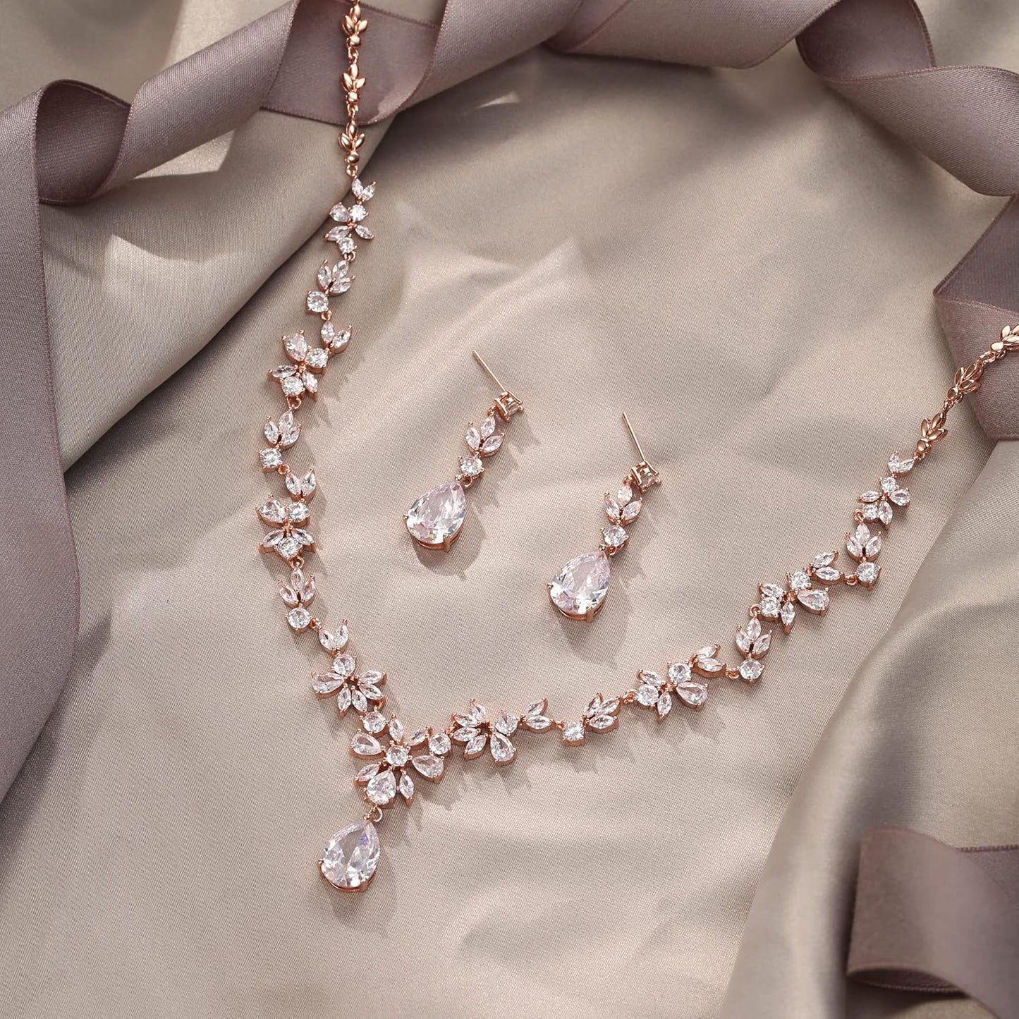 EVER FAITH Bridal Jewelry Set for Bride Bridesmaid, Flower Leaf Teardrop Cubic Zirconia Necklace Dangle Earrings Bracelet Sets Wedding Party for Women