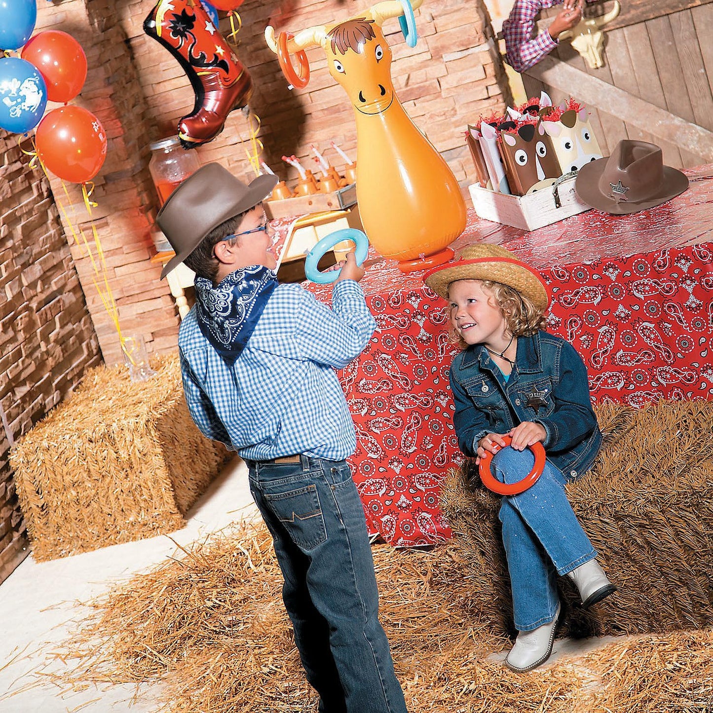 Fun Express Inflatable Bull Ring Toss Game - Premium Outdoor Games for Kids Ages 4-8 & Family | Western Carnival Party Games with 6 Rings - Backyard Lawn Games for Birthday Parties