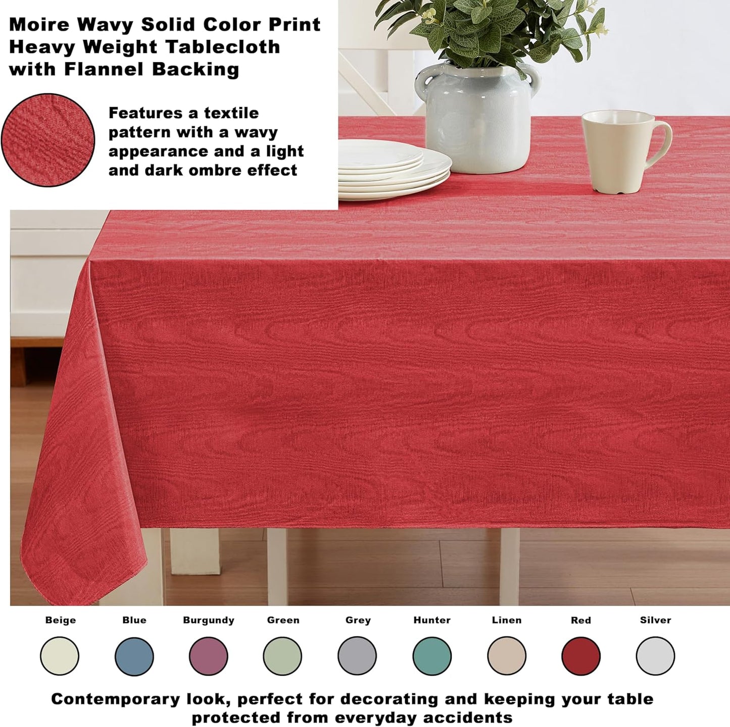 Newbridge Vinyl Flannel Backed Tablecloth, 60 x 84 Inch Rectangle, Red Moire Wavy Solid Design, Heavyweight Indoor Outdoor Waterproof Table Cover, Easy Care Wipe Clean