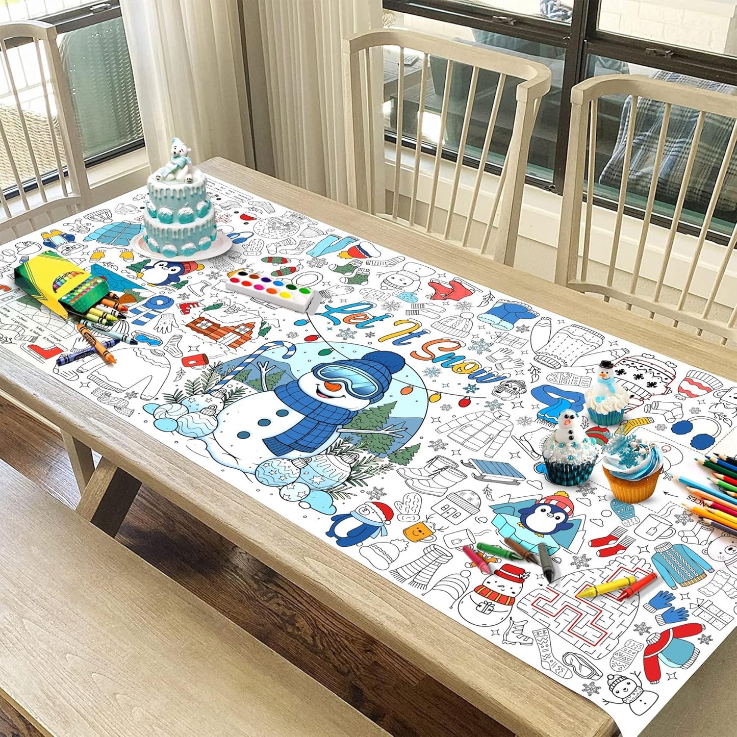 Winter Coloring Tablecloth for Kids, A Large 30x72 Inch Poster with Snowman, Snowflake, and Winter Scenes, Perfect for Holiday Party Games, Decorations, Classroom Fun, and Seasonal Supplies