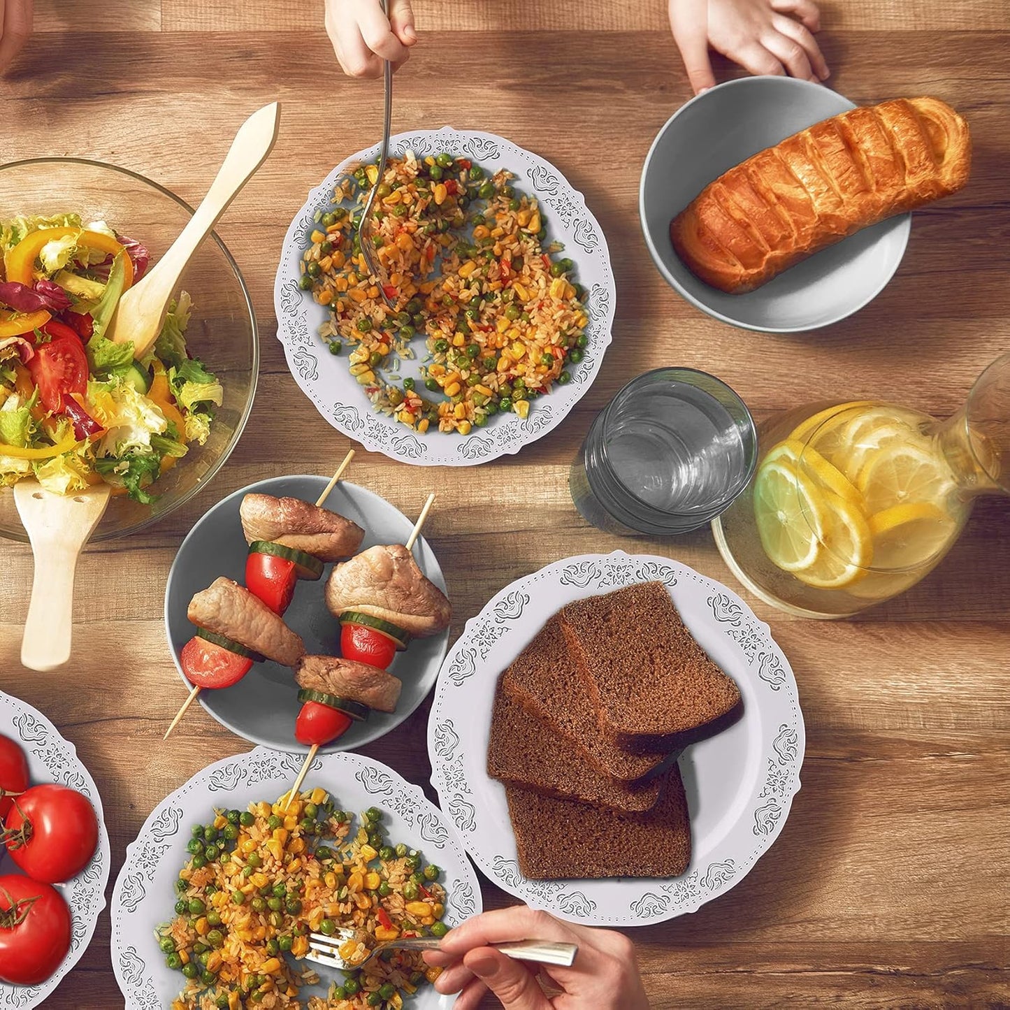 FULING 175 Pieces Silver White Dinnerware Set For 25 Guest Disposable Tableware Plastic Cutlery 5-Sets, With 12oz Cups, Knife, Fork, Spoon, Dinner Paper Each 25 Pieces For Wedding, Birthday, Party