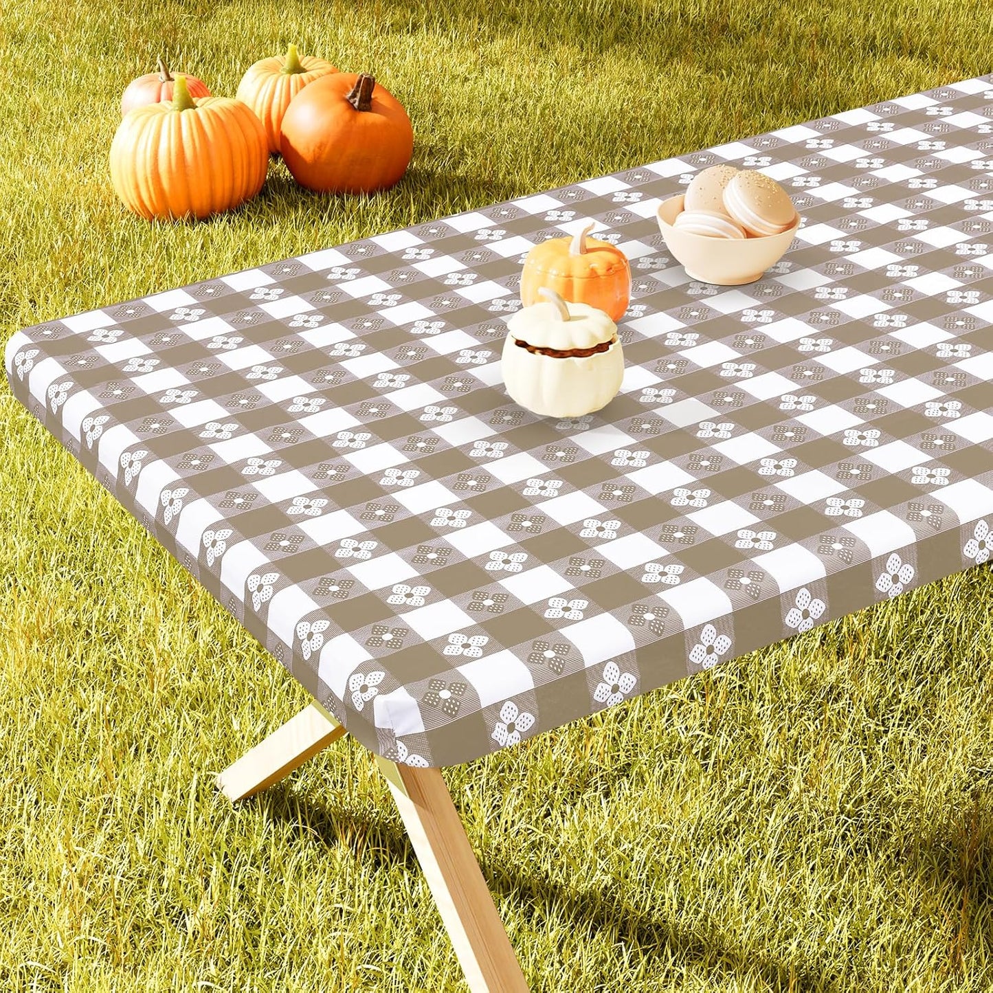 Rectangle Vinyl Table Cloth, Waterproof Elastic Fitted Tablecloth with Flannel Backing, Plastic Table Cover for Picnic, Camping, Outdoor (Khaki & White, 30"x72")