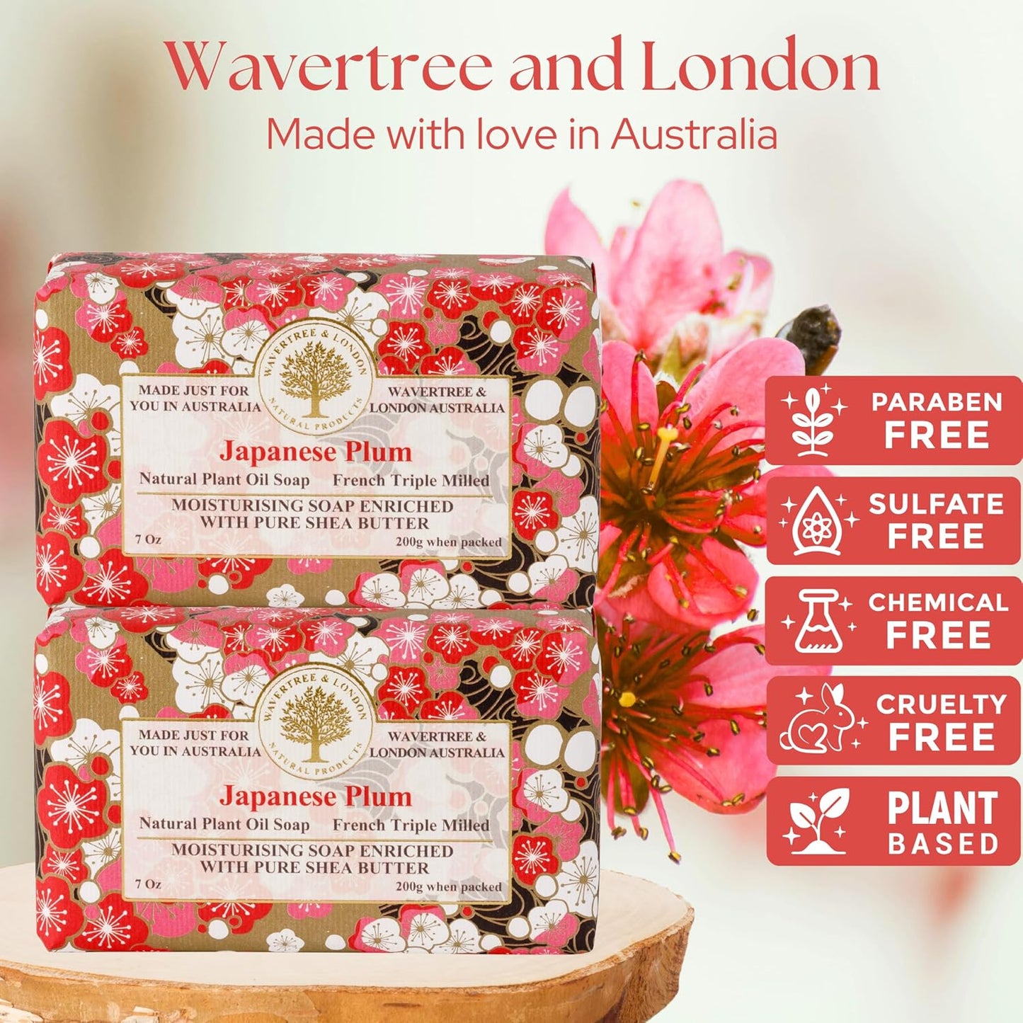 Wavertree & London Japanese Plum Scented Natural Soap (2 Bars), 7oz Moisturizing French Triple Milled Soap Bars enriched with shea butter - Pure Plant Based Bath & Body Bars for All Skin Types