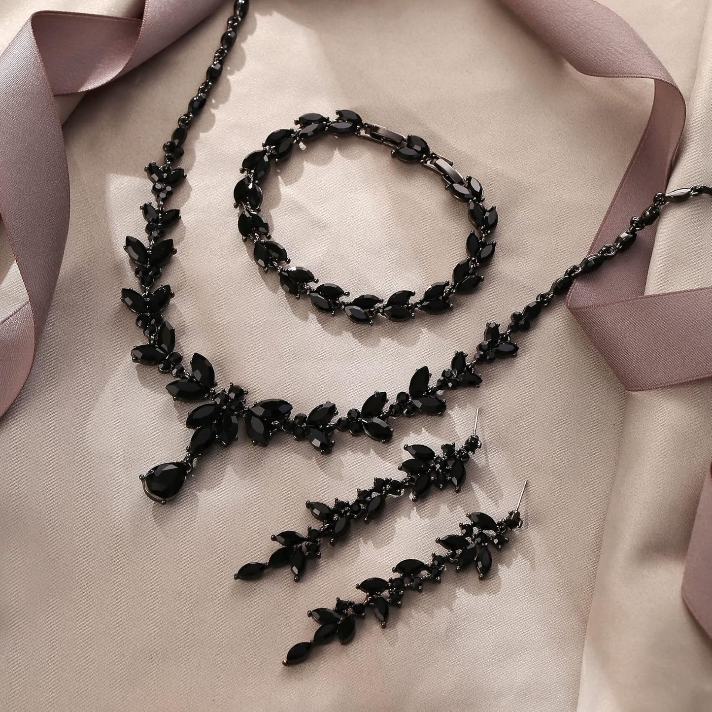 EVER FAITH Austrian Crystal Bridal Bridesmaid Jewelry Sets, Elegant Marquise Rhinestone Leaf Necklace Dangle Earrings Tennis Bracelet Set for Women