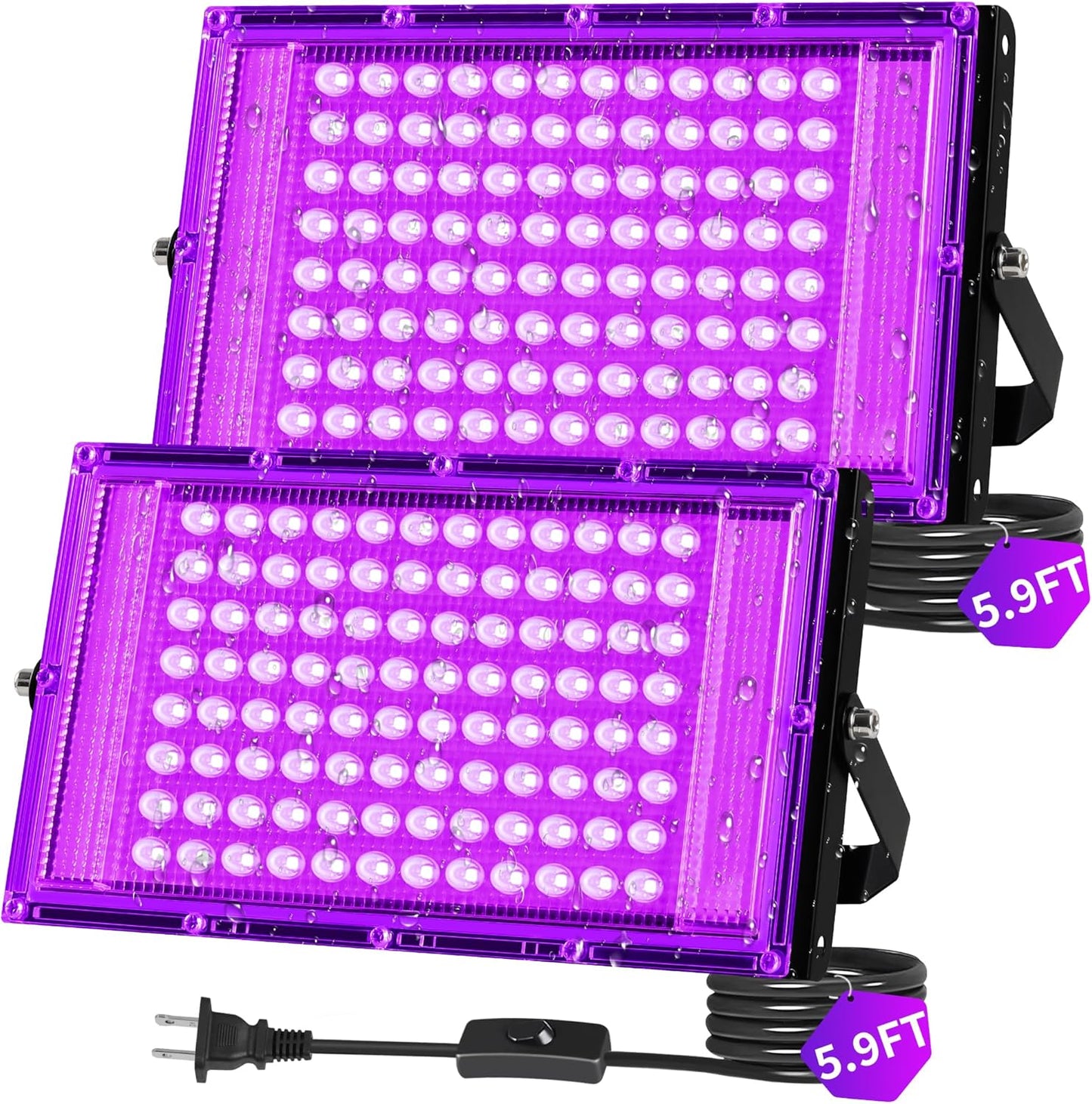 100W LED Black Lights IP66 Waterproof Black Light Outdoor with 5.9ft Plug+Switch,Flood Blacklight for Halloween Glow in The Dark Party Stage Light Neon Glow Birthday 2 Pack