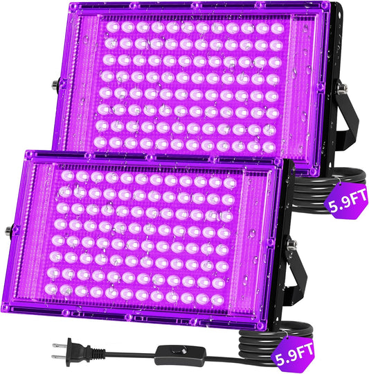 100W LED Black Lights IP66 Waterproof Black Light Outdoor with 5.9ft Plug+Switch,Flood Blacklight for Halloween Glow in The Dark Party Stage Light Neon Glow Birthday 2 Pack