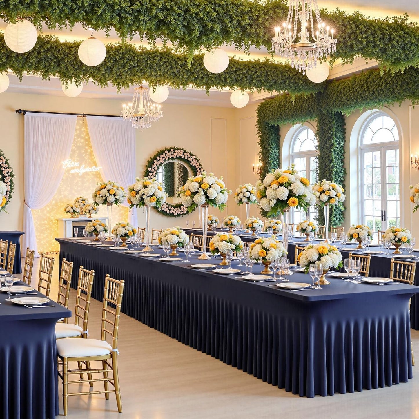 4 Pack Spandex Navy Blue Tablecloths for 8 Foot Rectangle Tables, Fitted Table Cloth 8ft Stretchy Tablecover Skirt for Parties Weddings Birthday Banquet Baby Shower