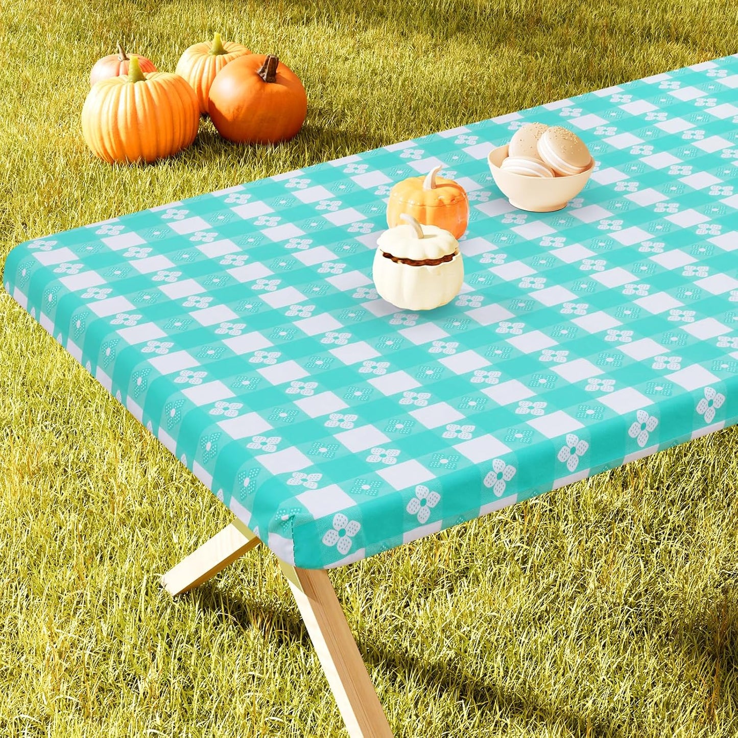 Rectangle Vinyl Table Cloth, Waterproof Elastic Fitted Tablecloth with Flannel Backing, Plastic Table Cover for Picnic, Camping, Outdoor (White & Teal, 30"x48")