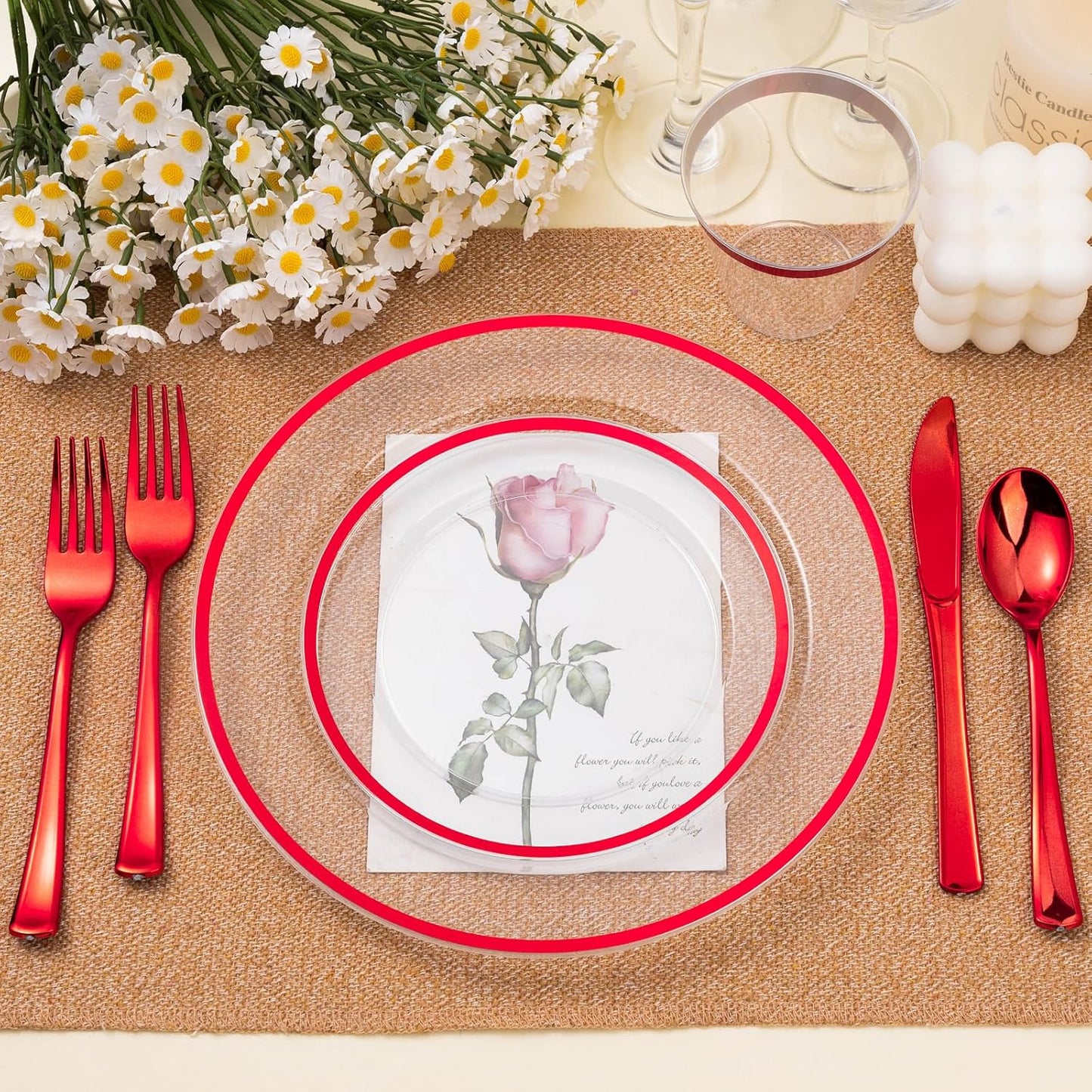 350PCS Red and Clear Plastic Dinnerware Sets for 50 Guests, Include 100 Red Disposable Party Plates, 100 Forks, 50 Knives, 50 Spoons, 50 Cups,christmas party supplies
