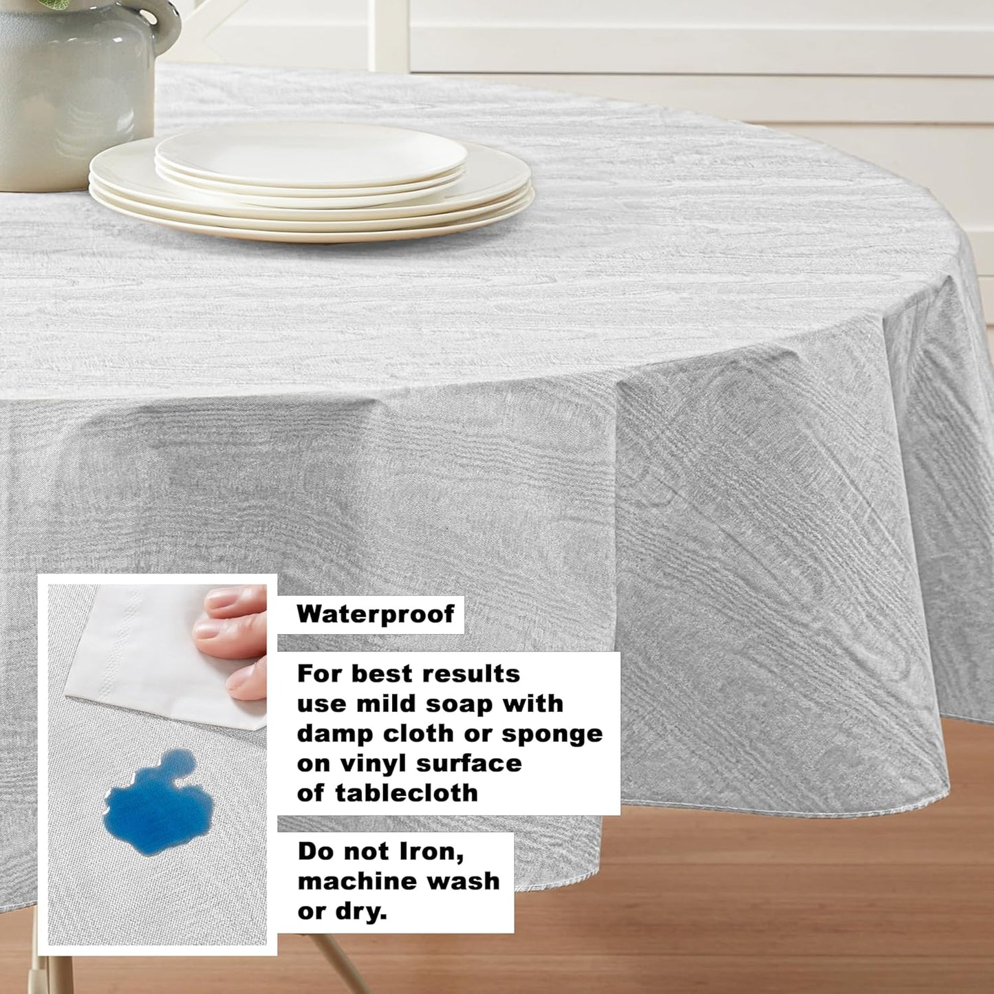 Newbridge Vinyl Flannel Backed Tablecloth, 60 x 84 Inch Oval, Silvery White Moire Wavy Solid Design, Heavyweight Indoor Outdoor Waterproof Table Cover, Easy Care Wipe Clean