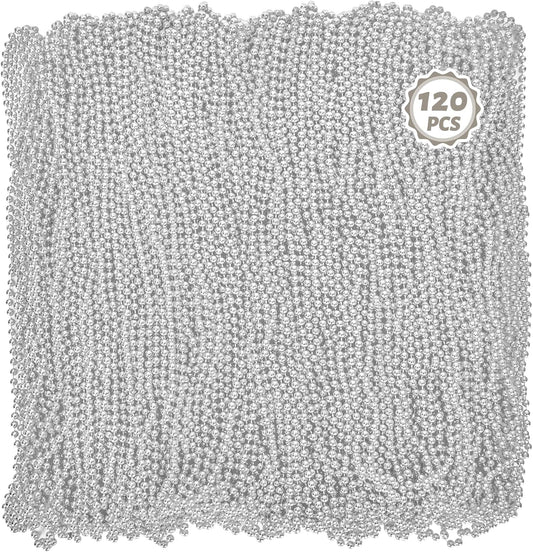 Mardi Gras Beads Necklaces, 120PCS Bead Necklace, 33 IN Mardi Gras Beads, Silver Party Beads, Parade Throws Bulk for Christmas Pirate Baby Shower Wedding Birthday Party Favors Supplies Decor