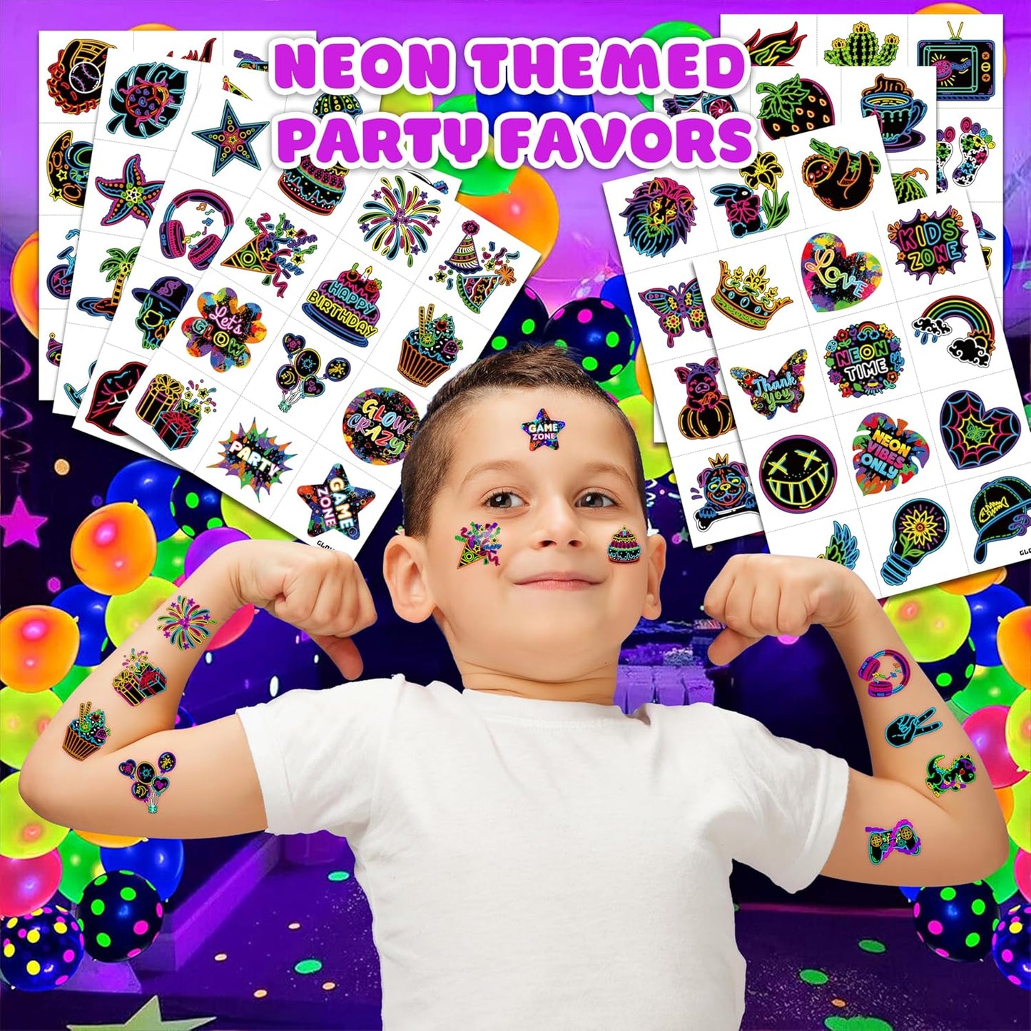 96 PCS Neon Let Glow In The Dark Pre-Cut Temporary Tattoos for Kids | Super Cute Themed Birthday Party Favors, Supplies, Decorations, Fake Tattoo Stickers, School Rewards Prizes & Gifts Boys & Girls