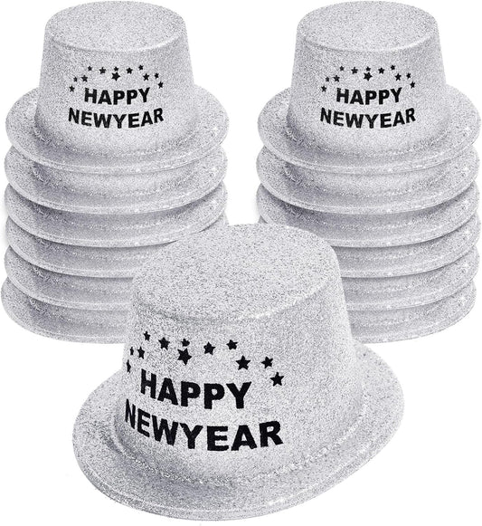 Hillban 12 Pcs Top Hats Glitter Plastic Disco Party Hat for New Year Magician Birthday Wedding Carnival(Silver with Letter,Novel)