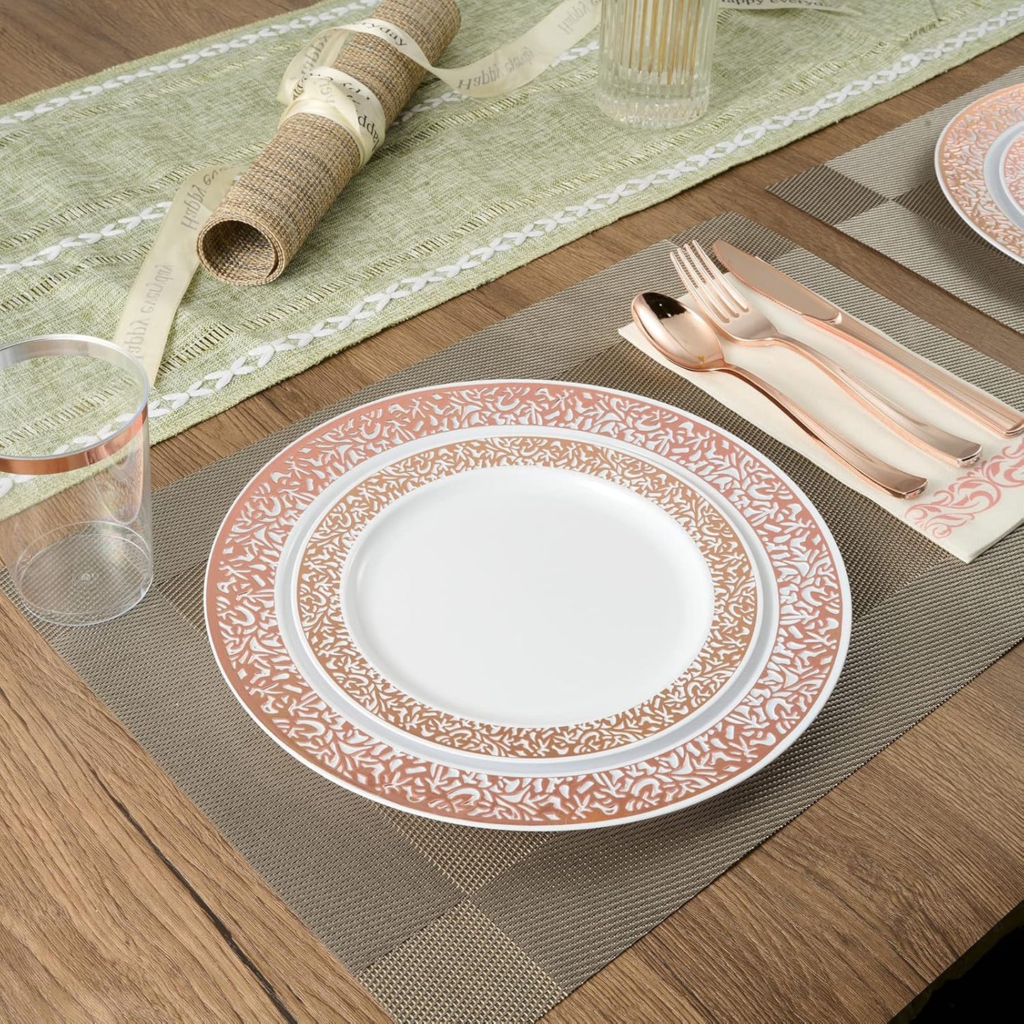 FOCUSLINE 175 Ct Rose Gold Dinnerware Set for 25 Guests, Plastic Plates with Rose Gold Lace Rim Design, Including 25 Disposable Dinner & Dessert Plates, Cups, Napkins, Cutlery Set