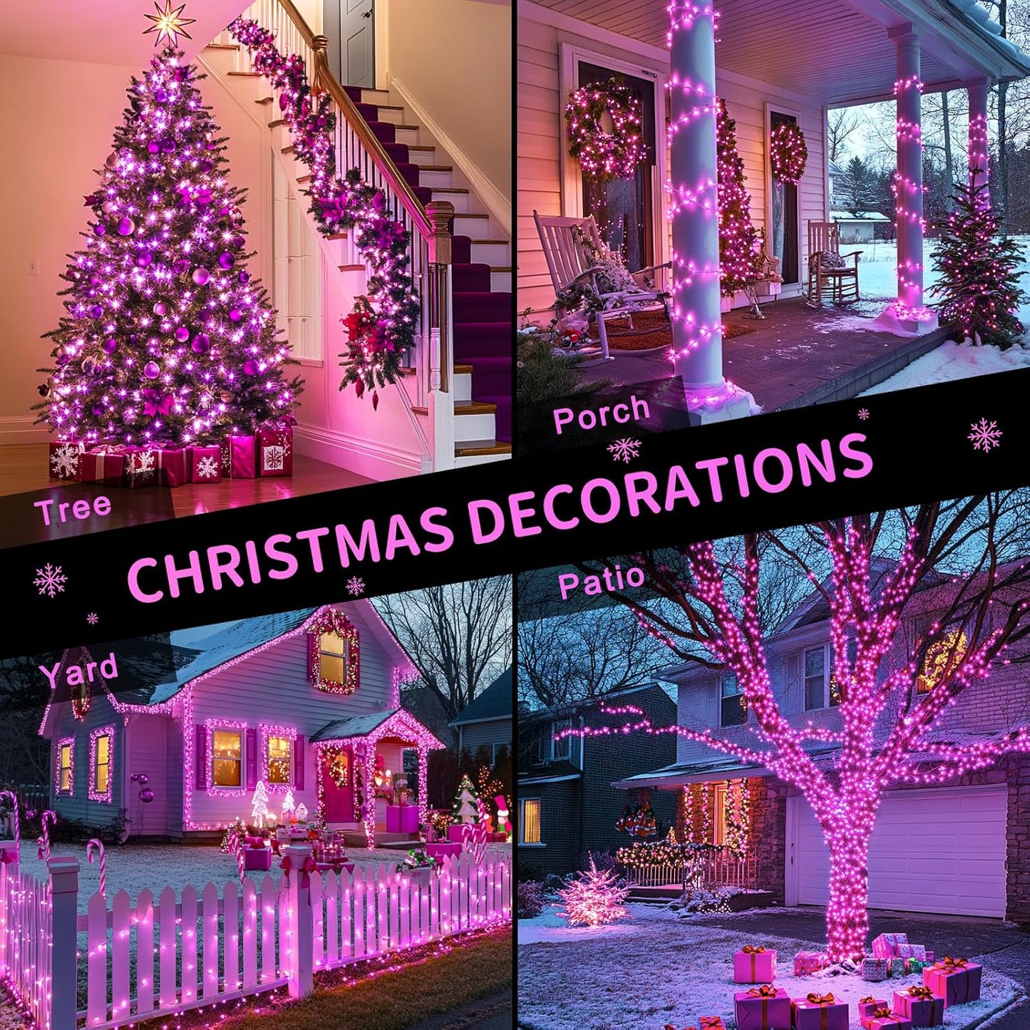 JMEXSUSS 200 LED Pink Christmas Lights for Decor, 66ft Pink String Lights Indoor Outdoor Clear Wire, Rose Color LED Fairy Light Plug in for Girls Room Wall Christmas Tree Party Decorations