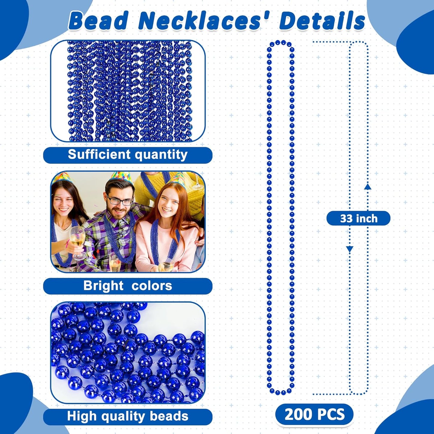 200 PCS Beaded Necklace, 33" Mardi Gras Beads, Blue Bead Necklace, Mardi Gras Accessories, Parade Beads Bulk for Hanukkah Christmas Pirate Birthday Gender Costume Party Supplies