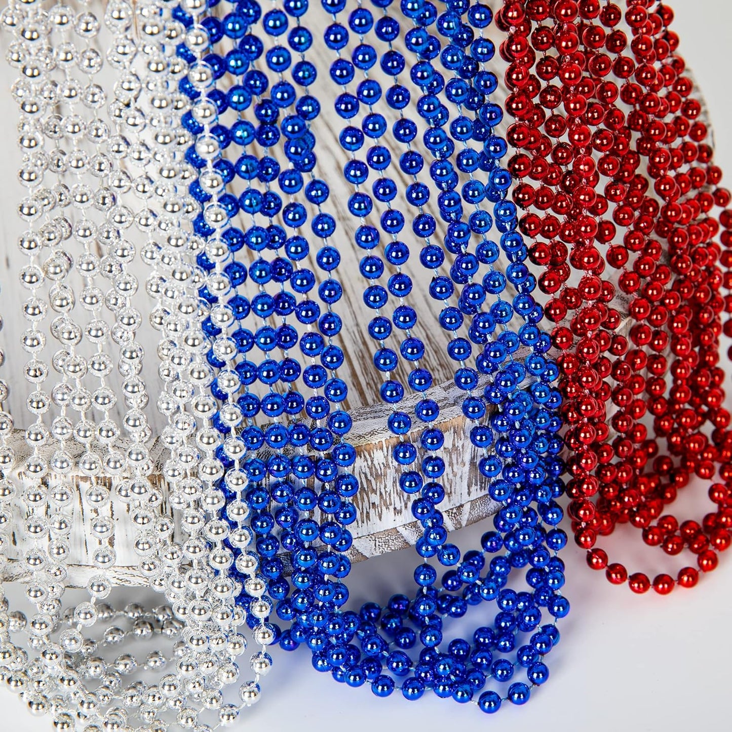 4th of July Necklace Decorations, 24PCS Veterans Day Beads Party Favors Bulk, Veterans Day Red Blue Silver Necklace, Independence Day Bead Bulk for Patriotic Parade Party Celebration Favors Decor