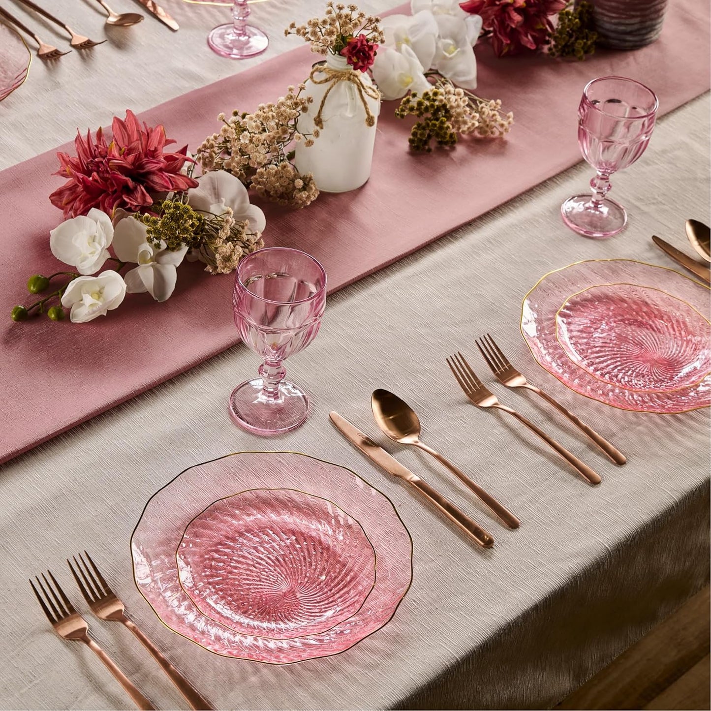 PLASTICPRO 120 Pack Plastic Plates Set of 60-10 inch Plates and 60-7 inch Plates, Elegant Clear Pink Spiral and Gold Rim Disposable Fancy Plates Premium Heavyweight