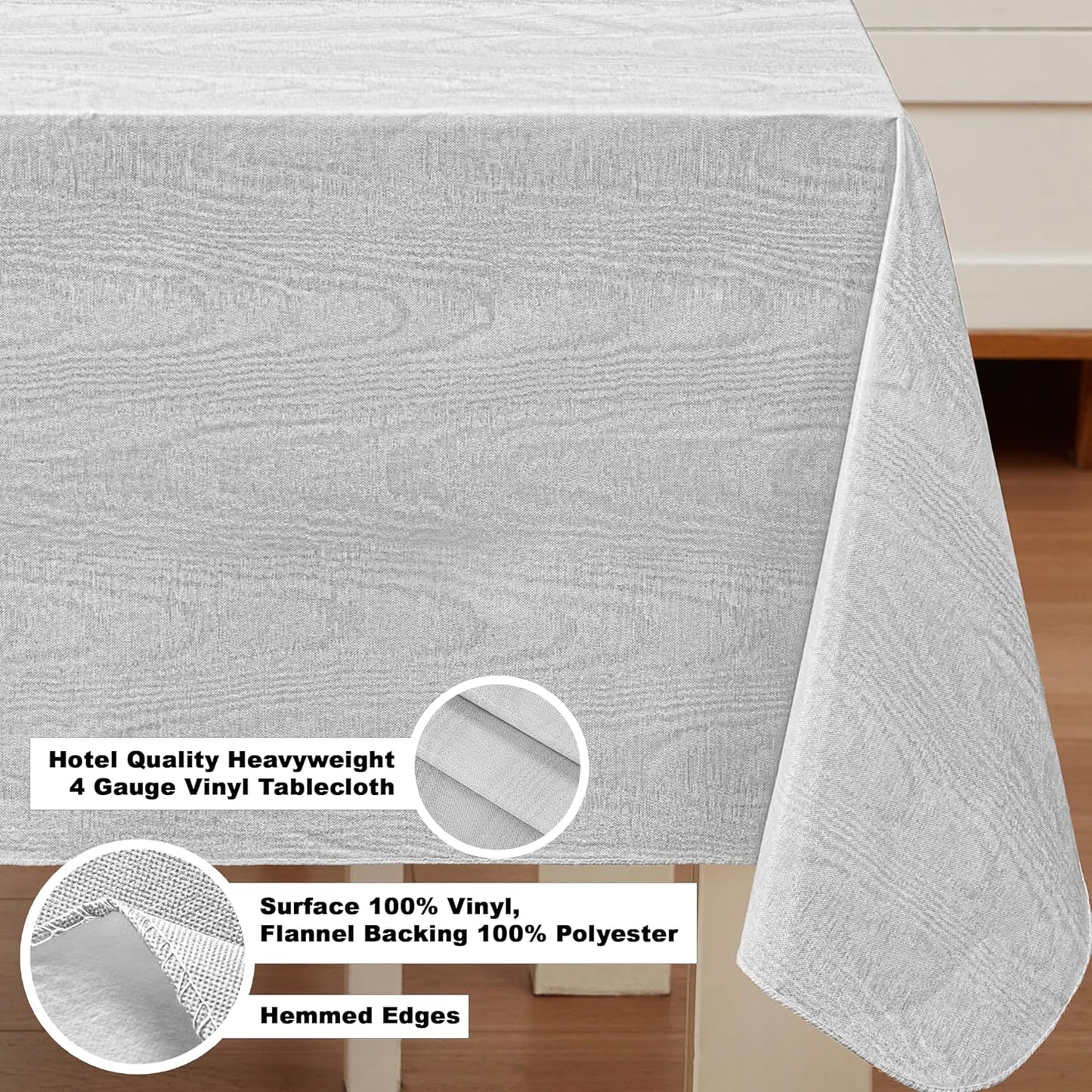 Newbridge Vinyl Flannel Backed Tablecloth, 60 x 84 Inch Rectangle, Silvery White Moire Wavy Solid Design, Heavyweight Indoor Outdoor Waterproof Table Cover, Easy Care Wipe Clean