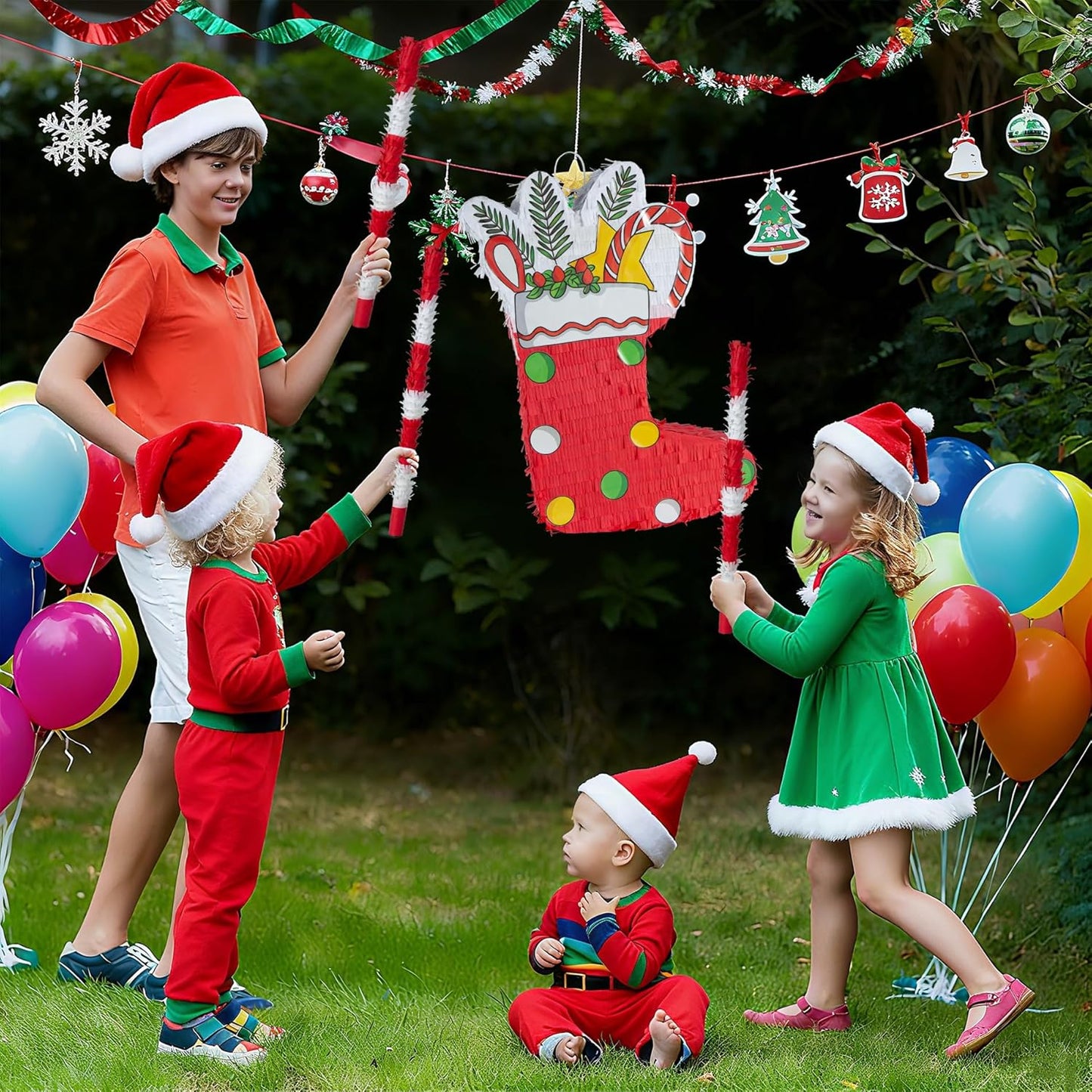 PCFING 21.6 Inch Christmas Stocking Piñata with 30 Inch Piñata Stick Blindfold Confetti for Boy Girl Adults Xmas Party Game Decorations