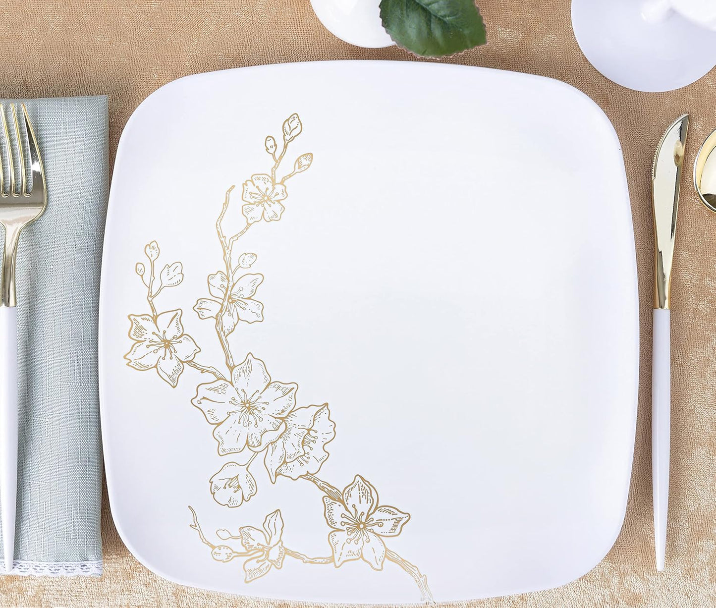 PLASTICPRO Square 64 Piece Combo Plates Set includes 32 x 7'' inch Salad Plates & 32 x 10'' inch Dinner Plates White Plastic Gold Buds Design Party Plates, Premium Disposable, Tableware,