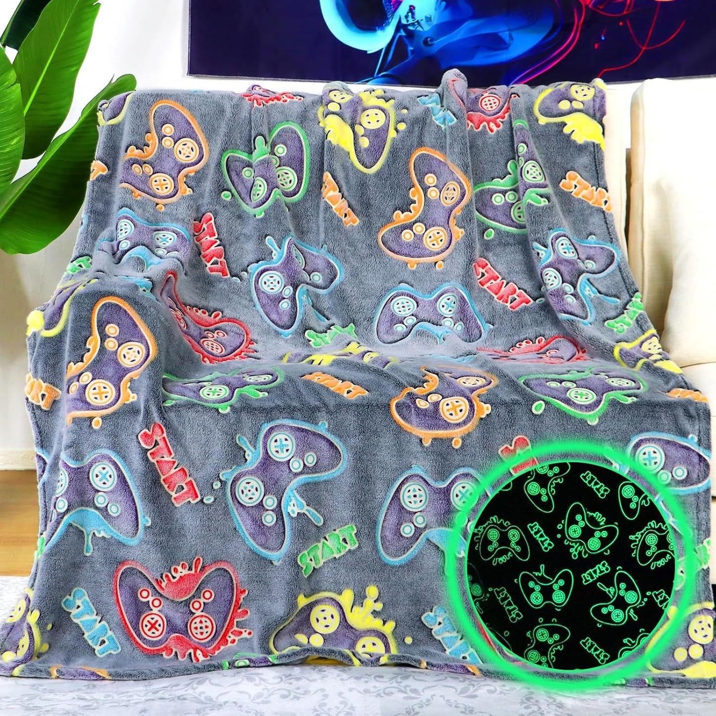 Gamer Gifts for Teen Boys Glow in The Dark Blanket for Boys 7 8 9 10 11 12 13 14 15 16 17 18 Year Old Gaming Accessories Gamer Presents for Kids Birthday