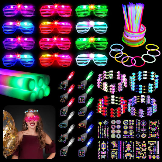 Elcoho 102 Pcs Glow In The Dark Party Supplies LED Light Up Party Favors with Shutter Glasses Garlands Tattoo Stickers Glow Sticks Finger Lights for Birthday Neon Parties Wedding Concert Raves