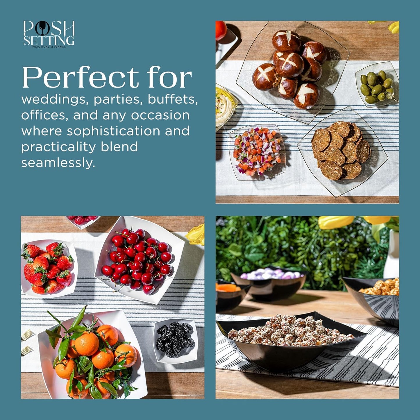 Posh Setting Gold Glitter Plastic Serving Bowls (8oz - 4 Pack) Square Disposable Containers for Party Table, Chips, Candy Buffet, and Salad