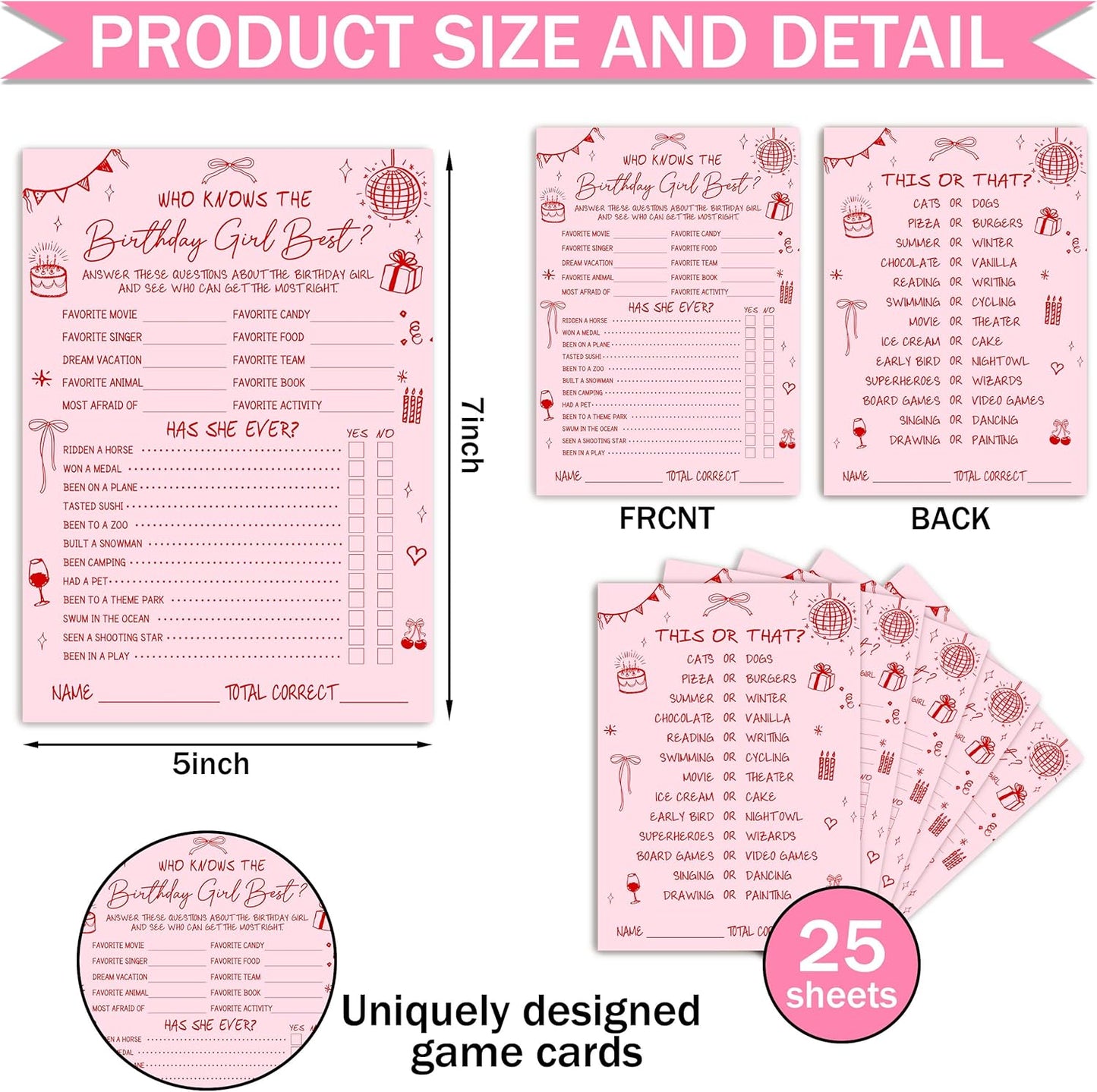 Birthday Party Games Card, Who Knows The Birthday Girl Best, Girls Sleepover Party Supplies for The Girls Card Game, 5x7 Inch Set of 25 Game Cards (Pink, Double-Sided) - A07