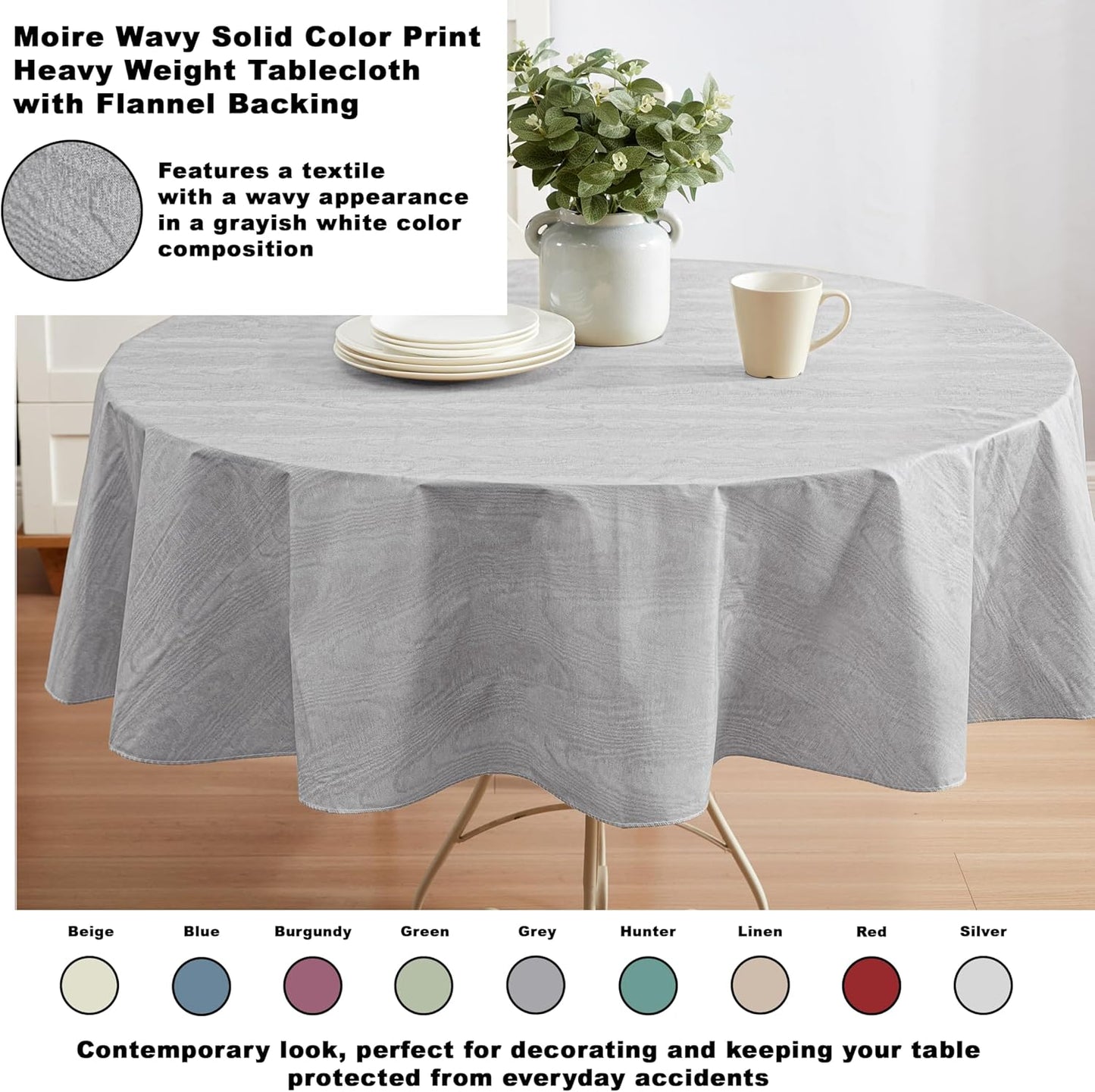 Newbridge Vinyl Flannel Backed Tablecloth, 70 inch Round, Grey Moire Wavy Solid Design, Heavyweight Indoor Outdoor Waterproof Table Cover, Easy Care Wipe Clean