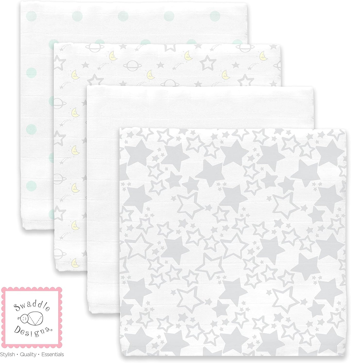 SwaddleDesigns Cotton Muslin Swaddle Blankets, Set of 4, Receiving Blankets for Baby Boys & Girls, Best Shower Gift, 46x46 inches, Goodnight Starshine