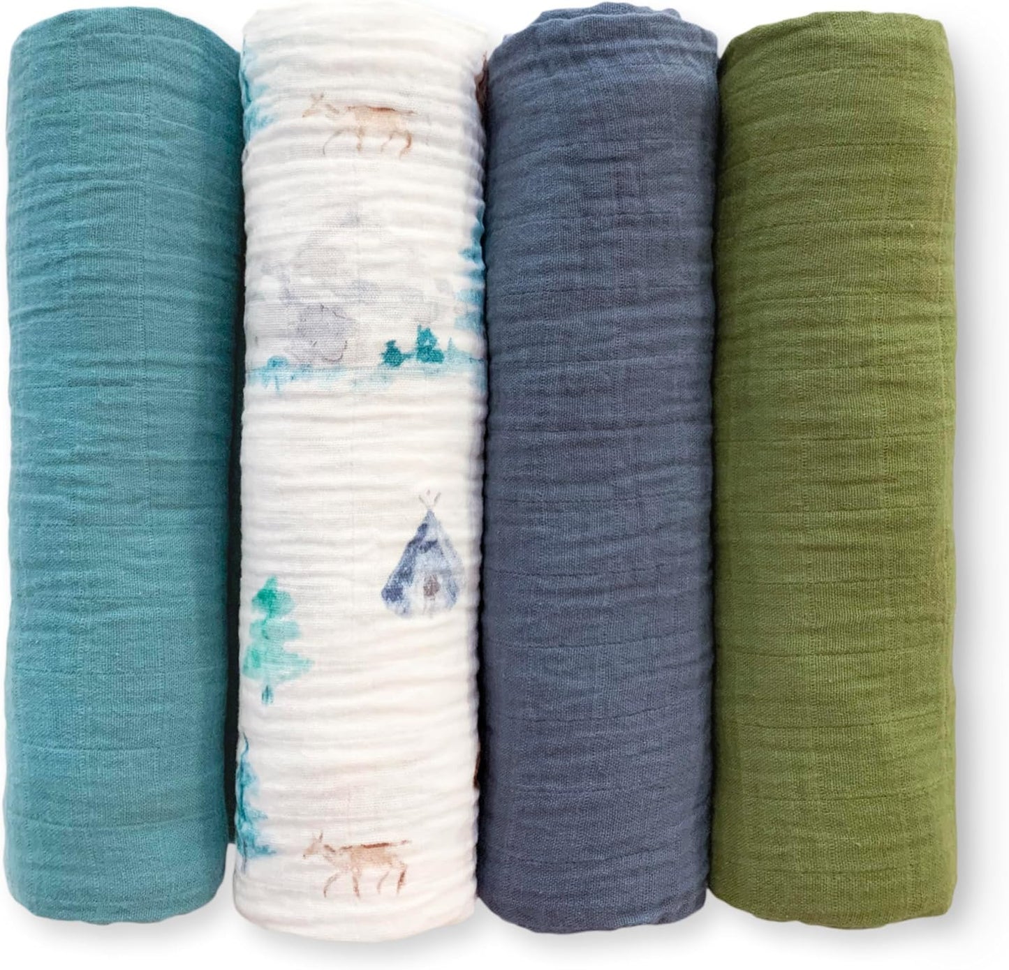 SwaddleDesigns Cotton Muslin Swaddle Blankets for Baby Boy & Baby Girl, Set of 4, Neutral Receiving Blankets for Newborn, Baby Registry & Gift, 46x46 inches, Watercolor Mountains & Trees